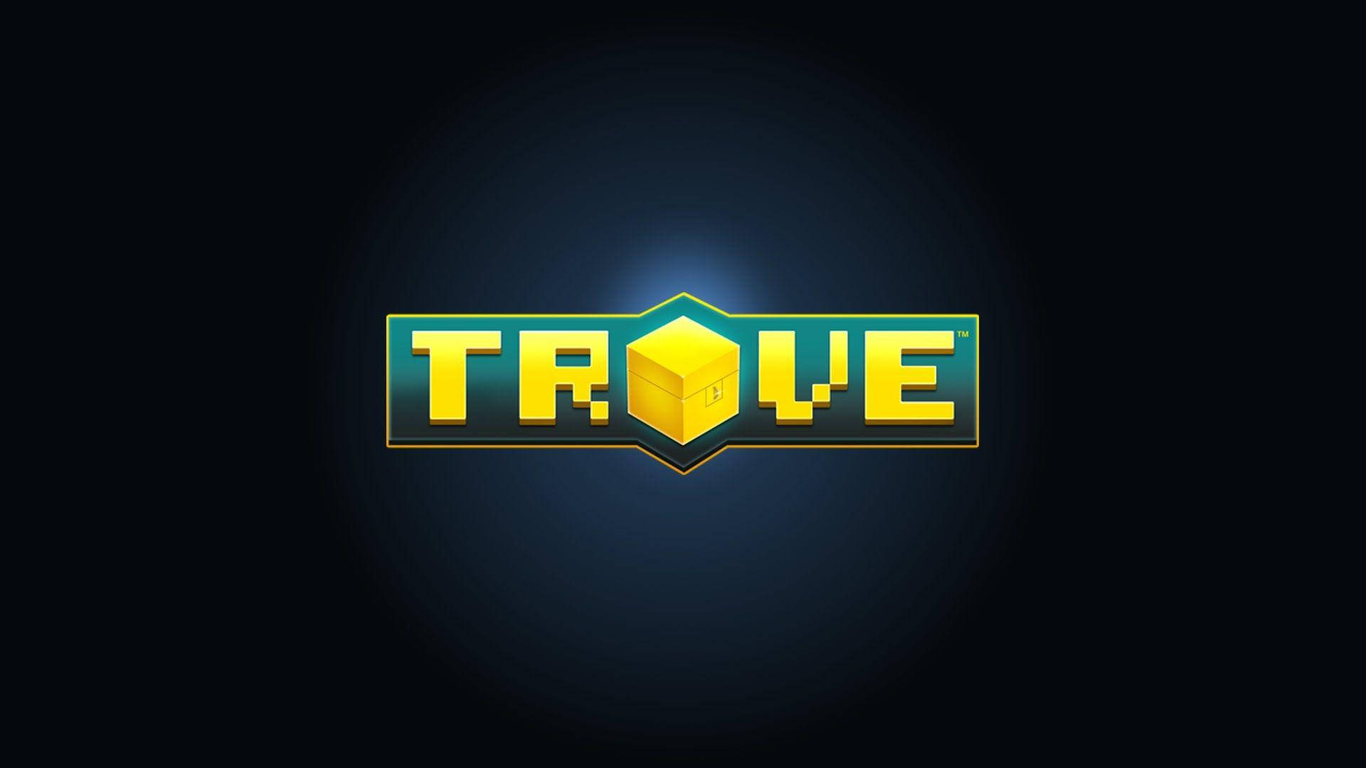 電玩遊戲 桌布 壁紙 — 發光的黃色和藍綠色 'TROVE' 標誌，O 為像素化立方體，居中於深藍色漸變背景上。