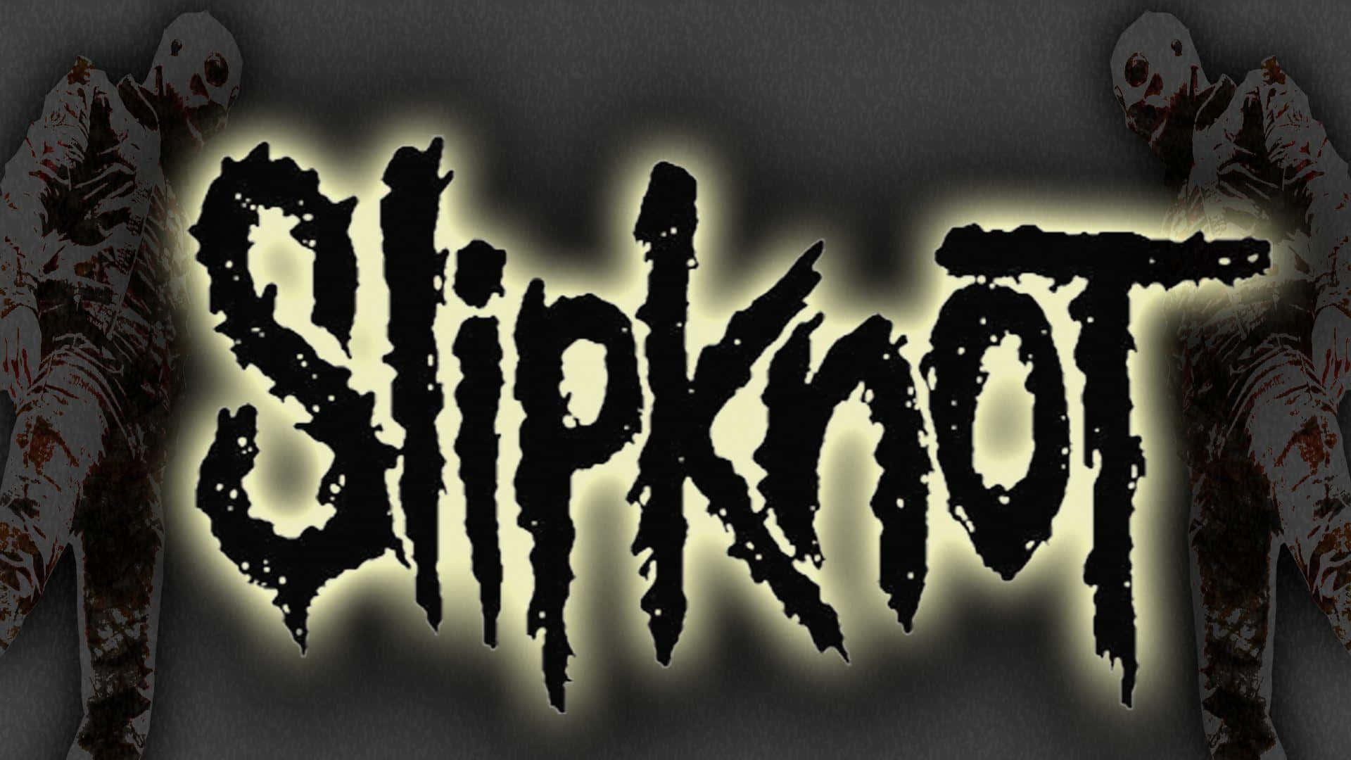 band 桌布 壁紙 — 發光的黑色 Slipknot 標誌，背景有殭屍人物，襯以深灰色背景。