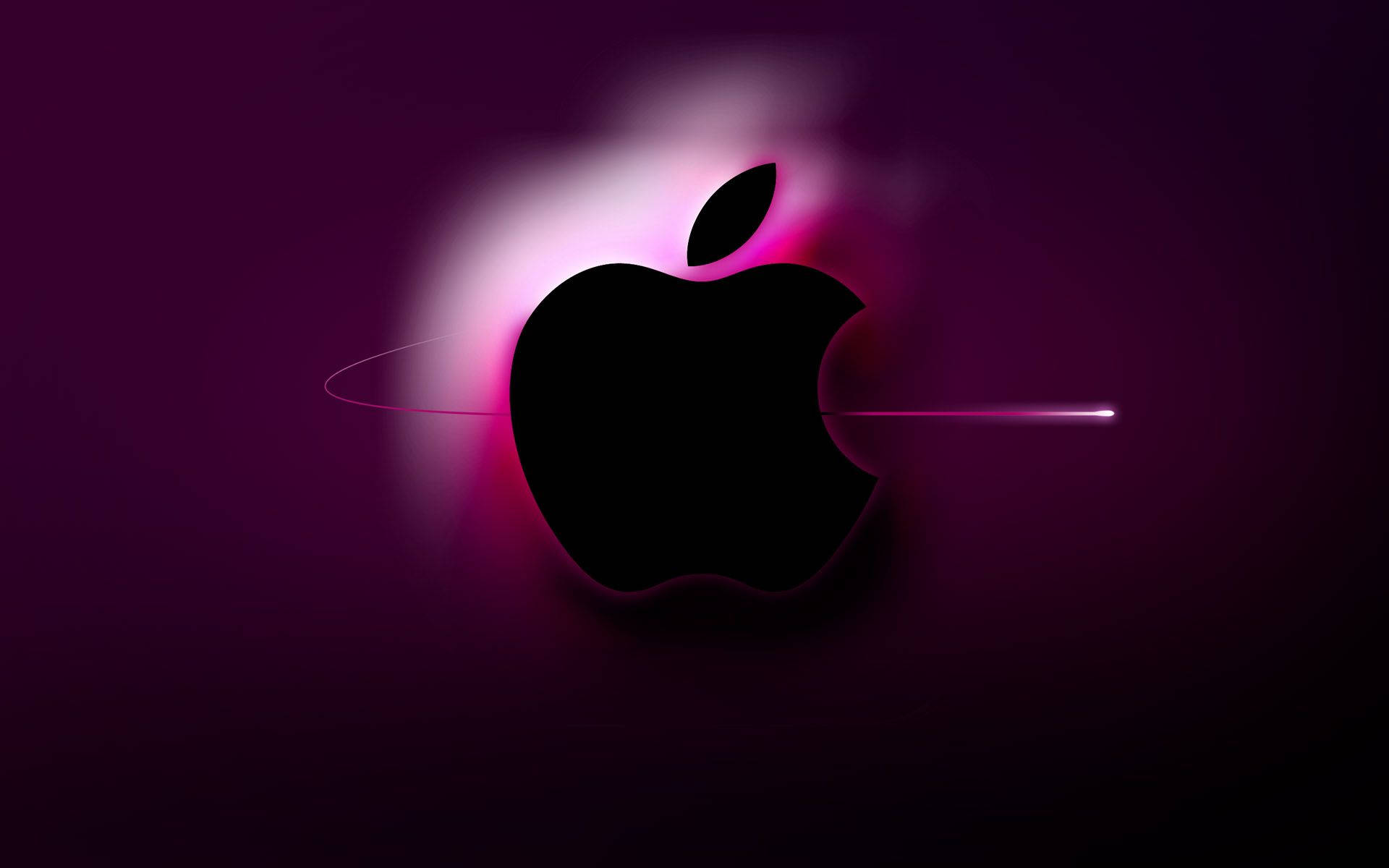 桌布 壁紙 — 發光的黑色Apple標誌在深色漸變背景上散發出充滿活力的粉紅色和紫色光芒。