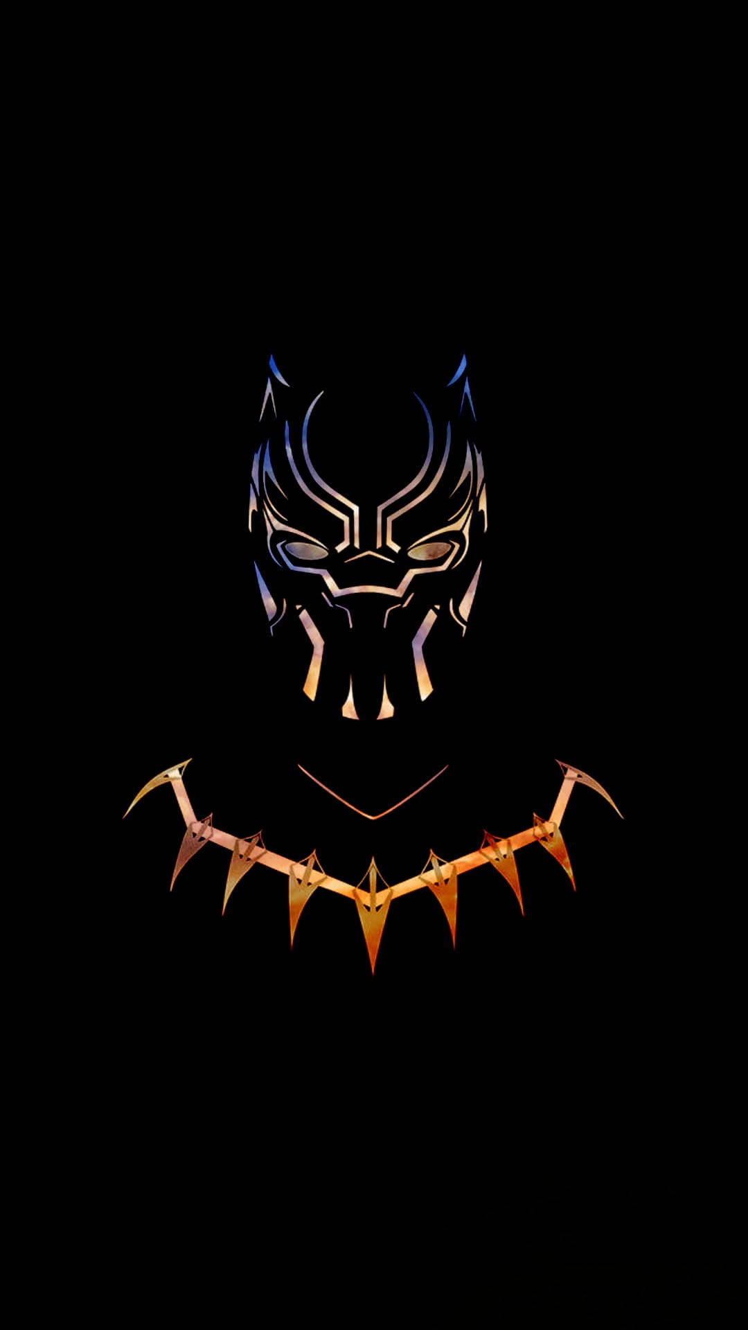 Wakanda 桌布 壁紙 — 發光的黑色豹子面具，帶有金色點綴和鋸齒狀項鍊，背景為純黑色。