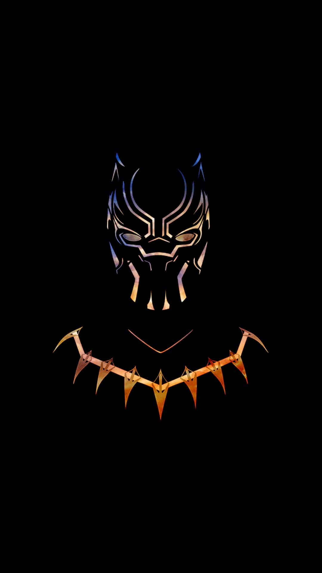 Vibranium 桌布 壁紙 — 發光的黑豹面具和鋸齒狀項鍊，在純黑色背景上以金色和藍色照亮。