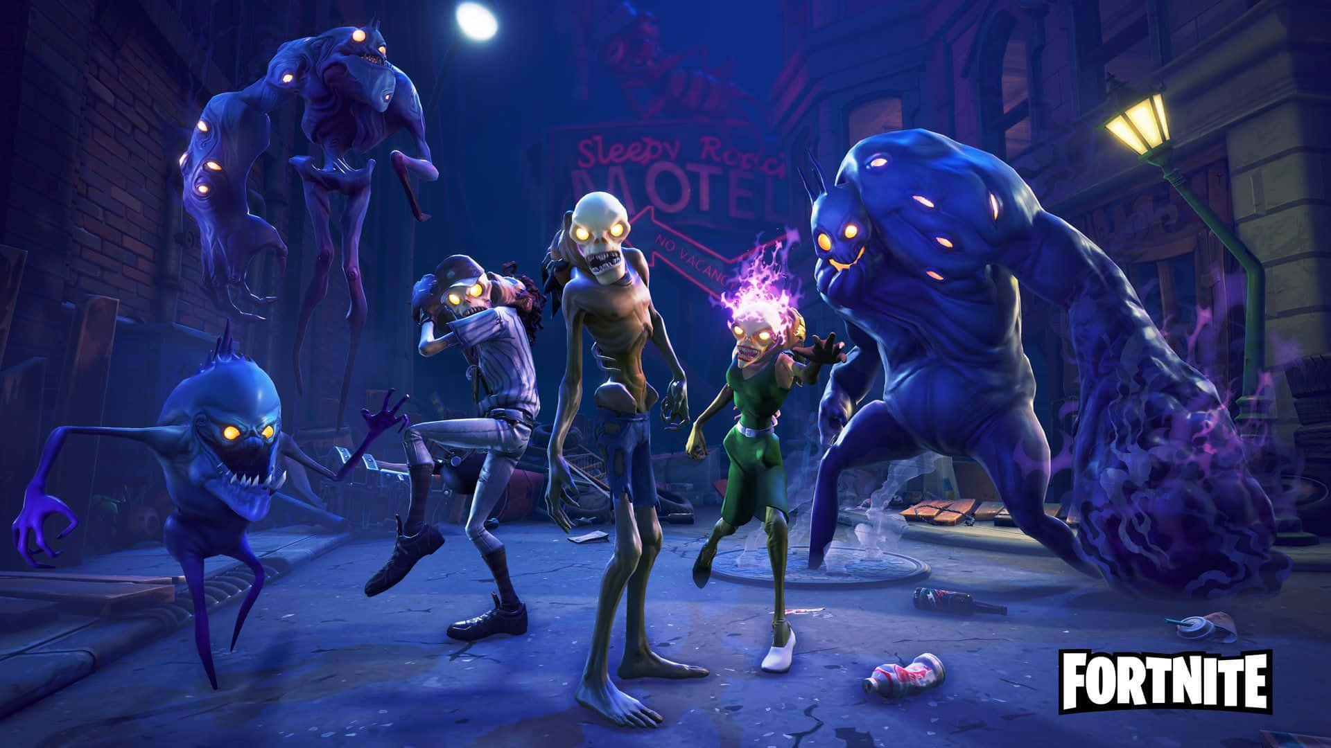 Fye No Skin Fortnite 桌布 壁紙 — 發光眼睛的殭屍和怪物在夜晚霓虹燈照亮的鬼屋汽車旅館小巷中衝突。