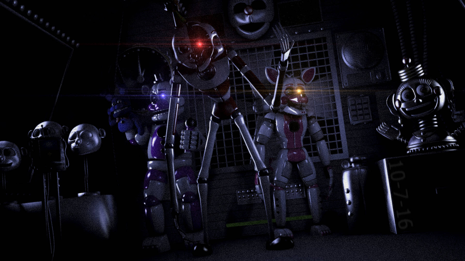 Ennard 桌布 壁紙 — 發光眼睛的電子動畫角色在一個黑暗的工業房間中，帶有暴露的管道和監視器，威脅性地站立。