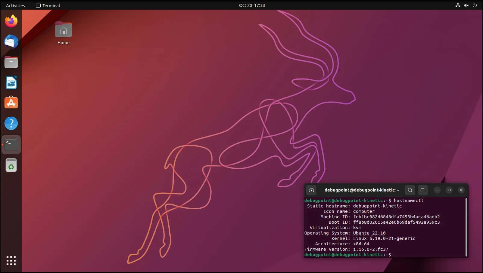 ubuntu 桌布 壁紙 — 發光粉紅和橙色的極簡線條藝術鹿剪影，在漸層紫紅色桌面上的開放終端機視窗。