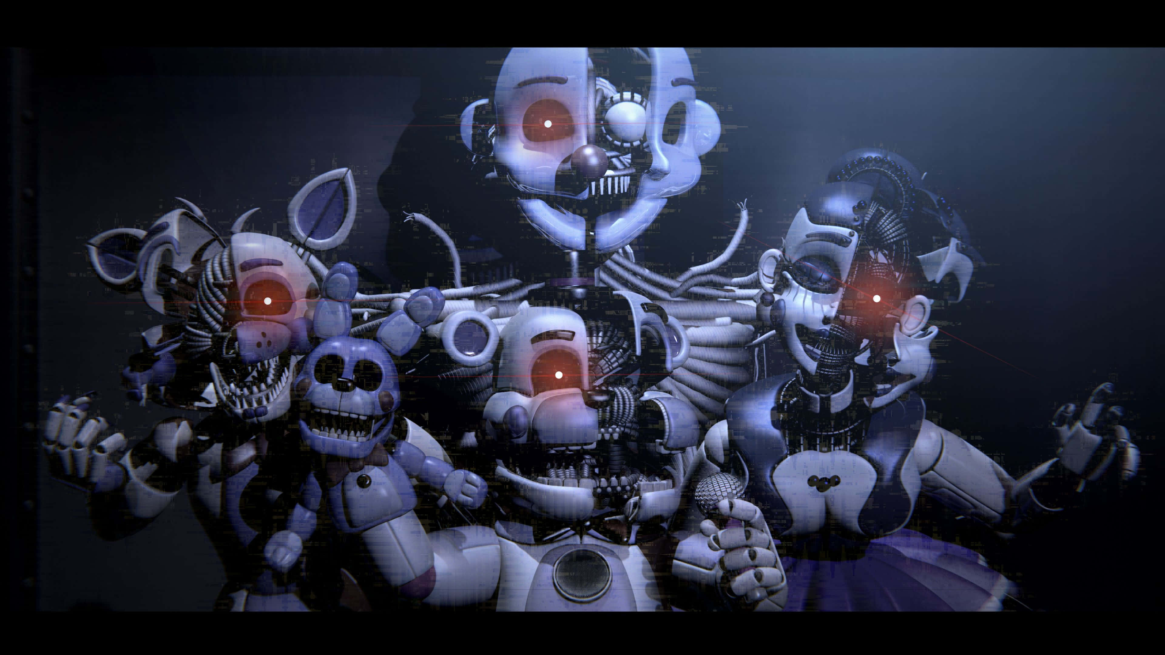 Ballora 桌布 壁紙 — 發光紅眼的動畫角色，帶有外露的電線和機械部件，在黑暗陰森的環境中威嚇地站立著。