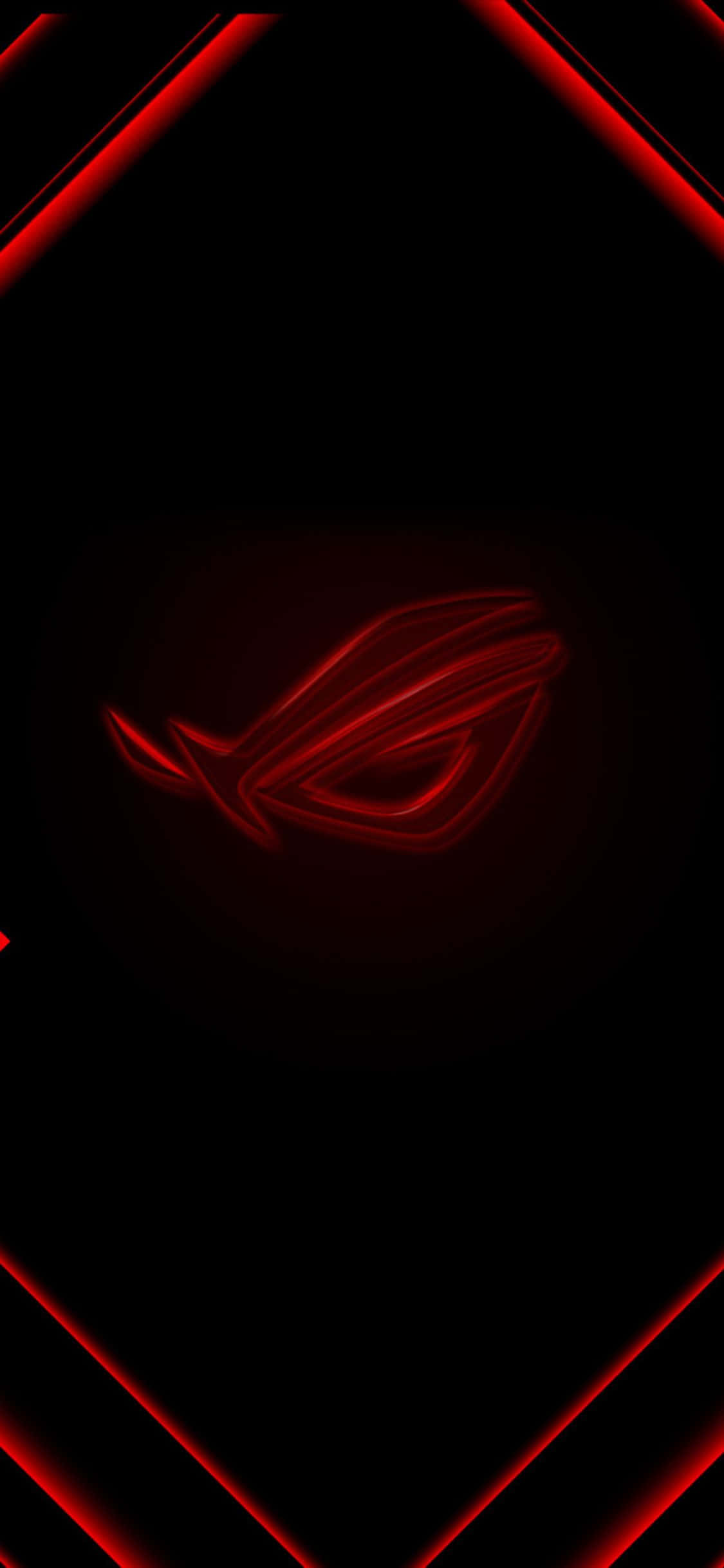iPhone Xs Gaming 桌布 壁紙 — 發光紅色 ROG 標誌居中於黑色背景上，帶有棱角分明的紅色光線條紋框住邊緣。