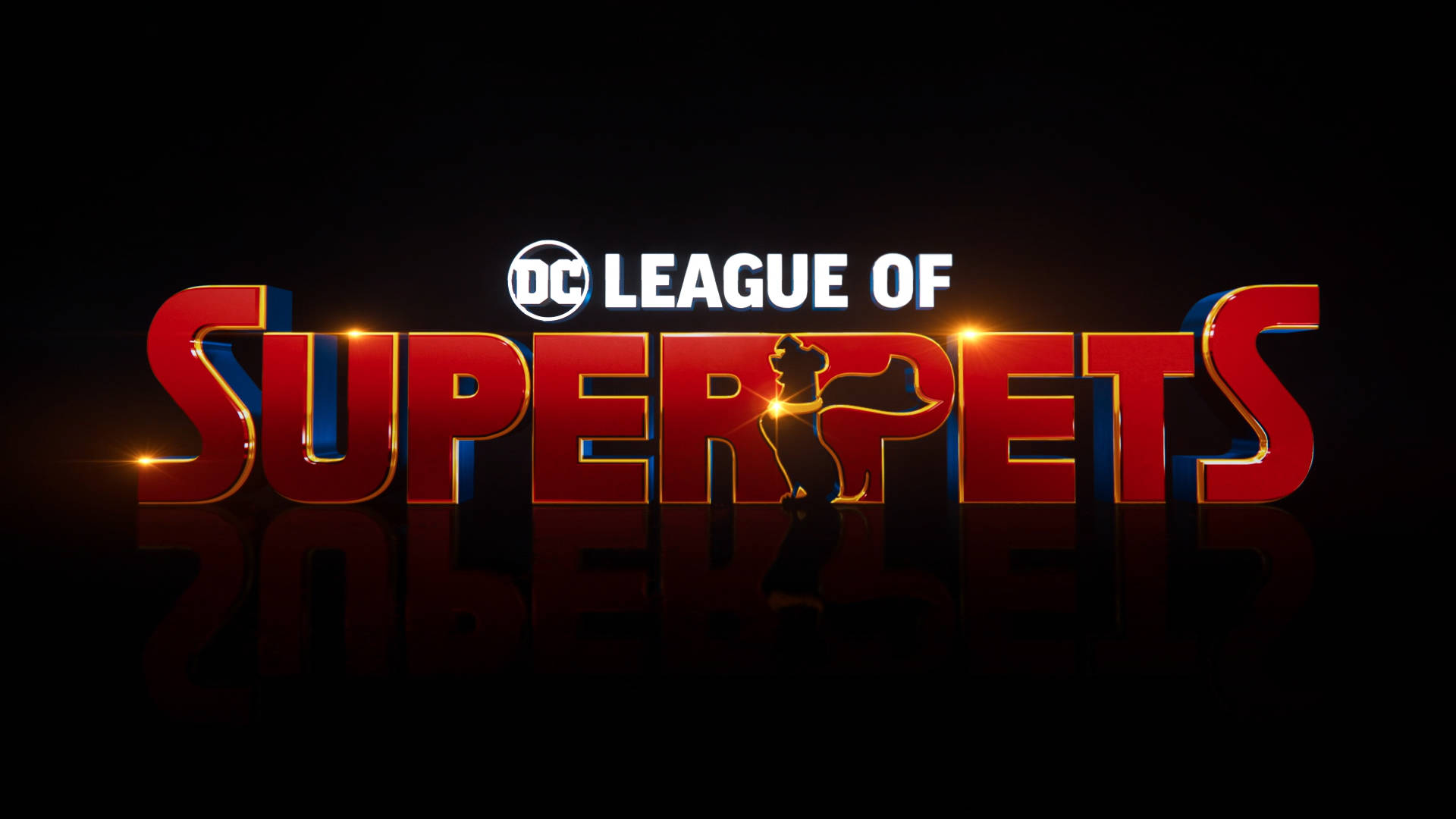Dc 桌布 壁紙 — 發光紅色3D標題「DC League of Super Pets」，字母P中有狗剪影，背景為黑色反光。