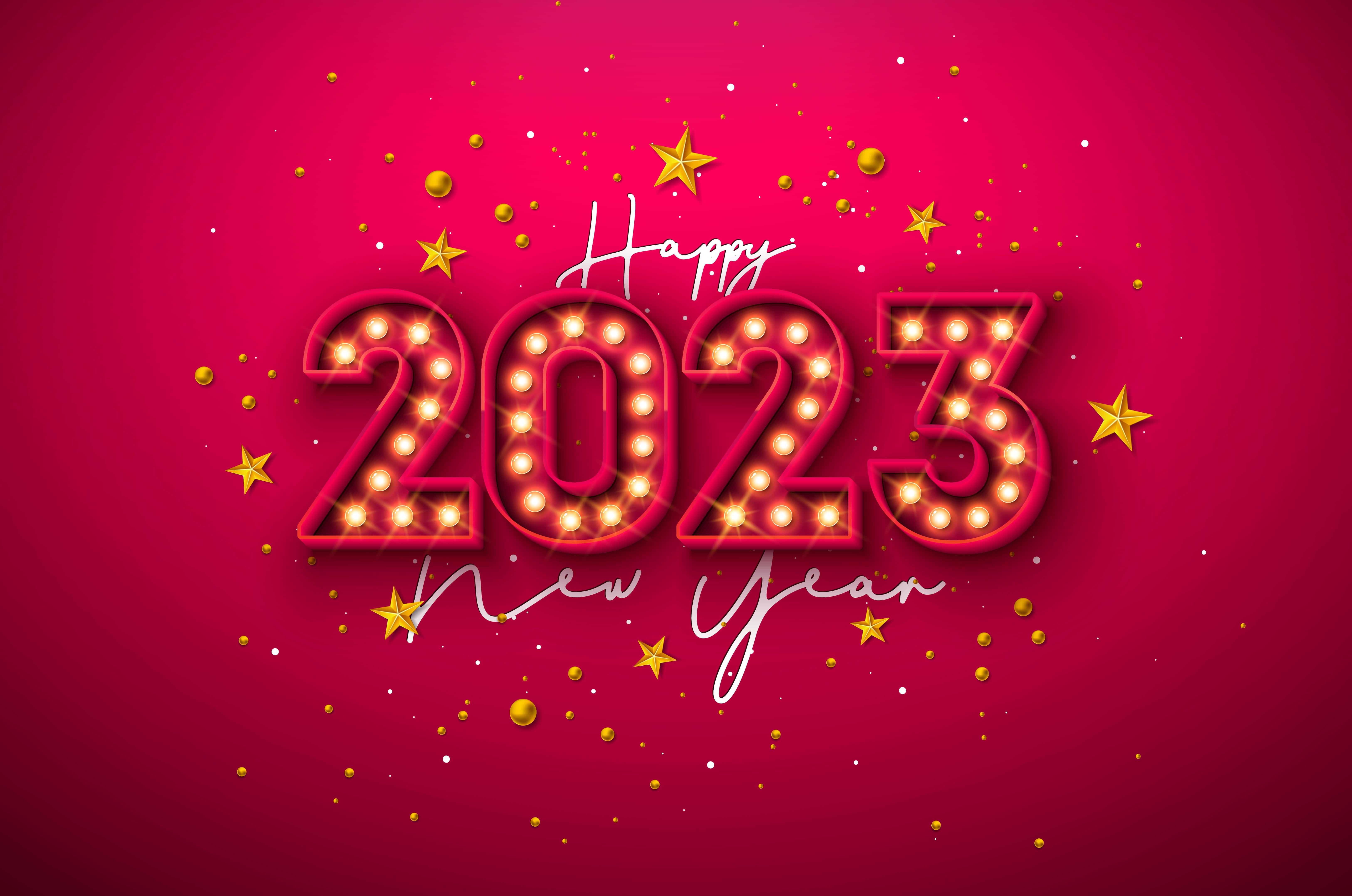 新年 桌布 壁紙 — 發光紅色帳篷風格2023，在充滿活力的洋紅色背景上閃爍著金色星星和五彩紙屑。