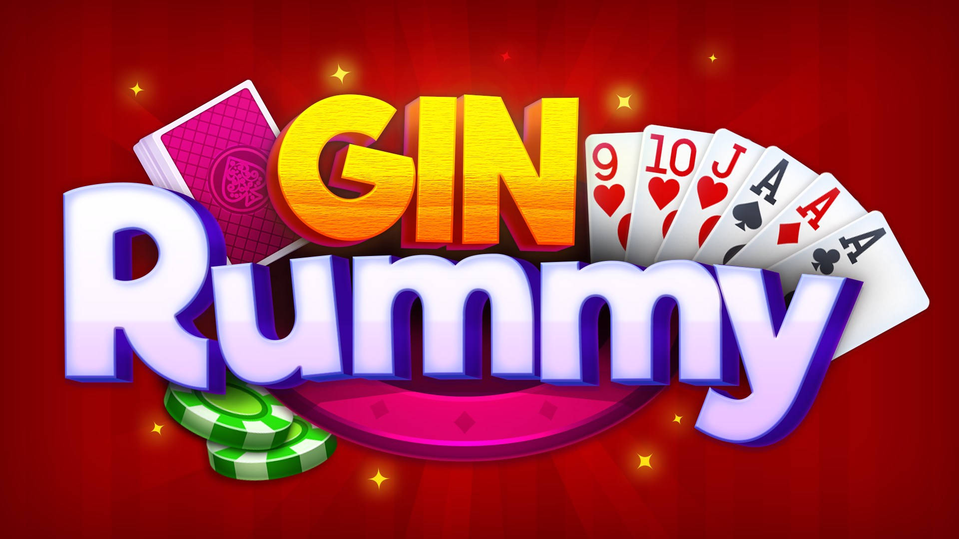 game 桌布 壁紙 — 發光紅色背景上帶有撲克牌和籌碼的鮮豔3D渲染「Gin Rummy」標誌。