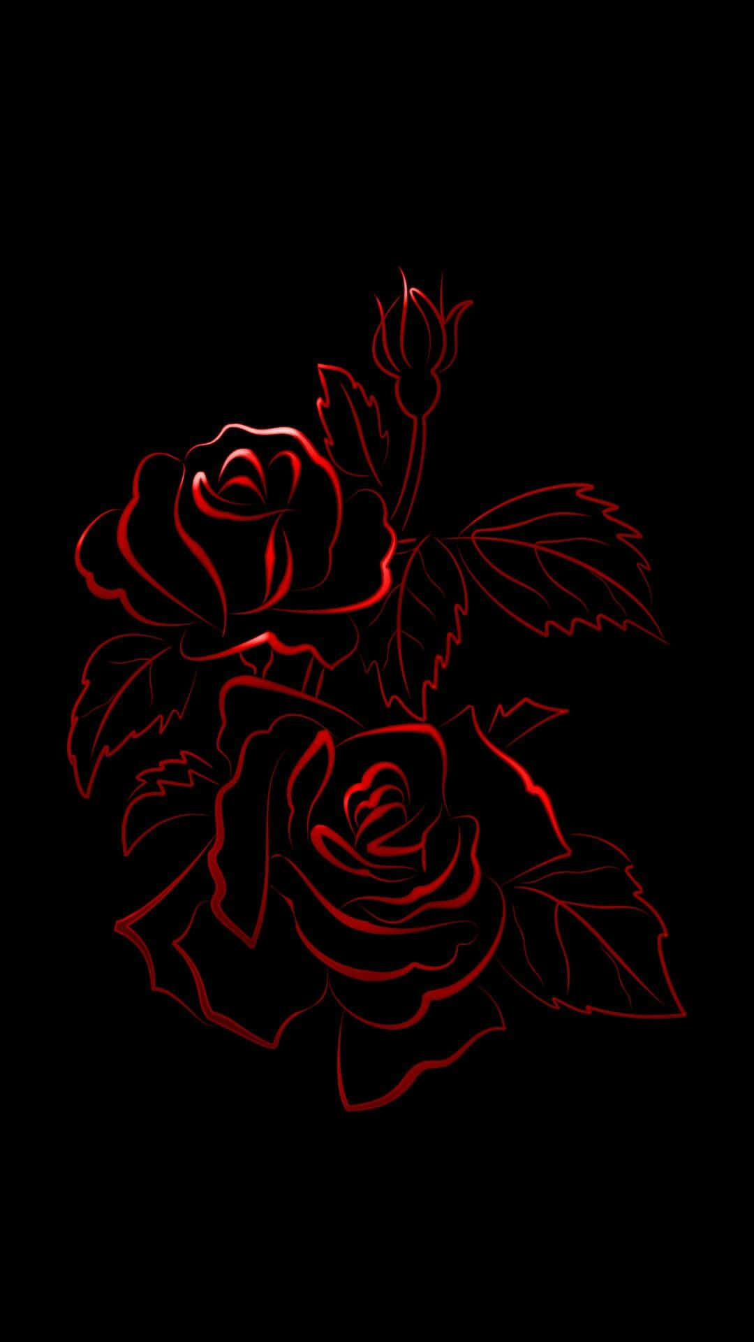 Roses 桌布 壁紙 — 發光紅色輪廓的玫瑰和花蕾在純黑色背景上以極簡數位藝術風格脫穎而出。