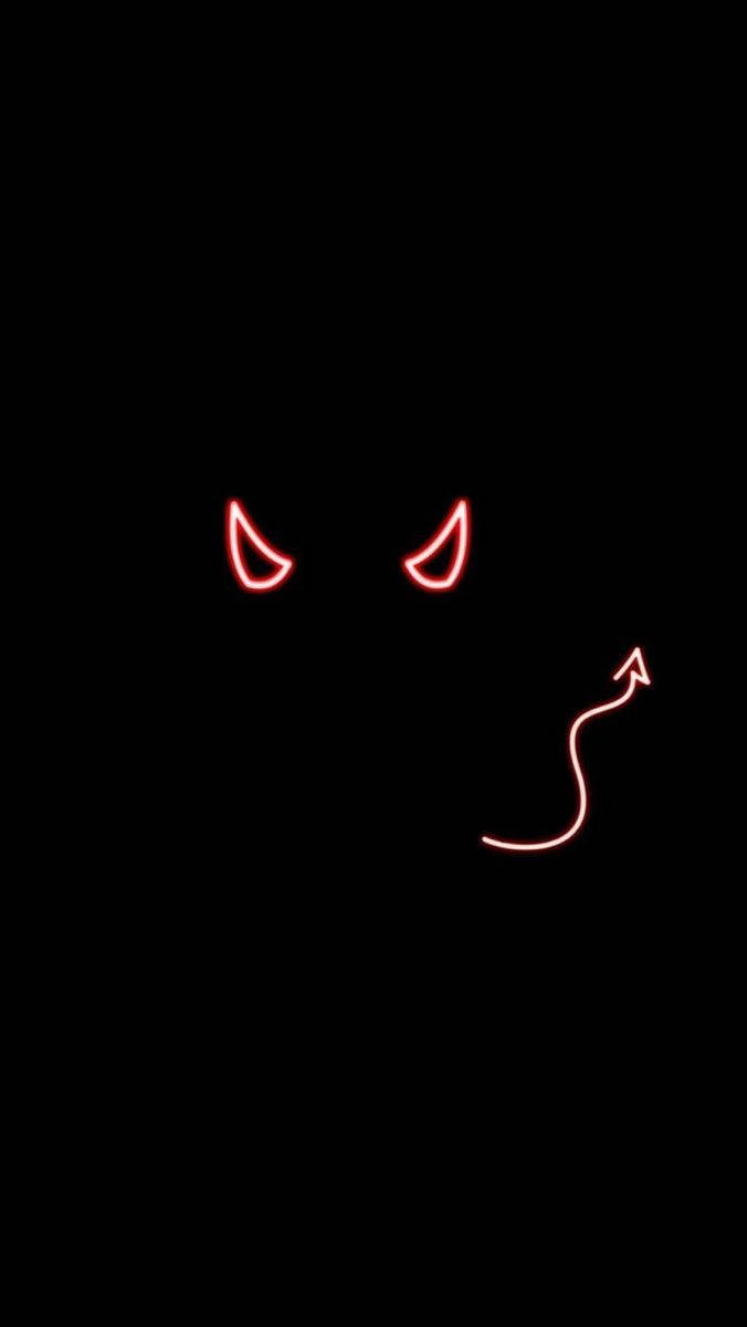 酷炫惡魔 桌布 壁紙 — 發光紅色霓虹魔鬼眼睛和彎曲箭頭假笑，純黑色背景。