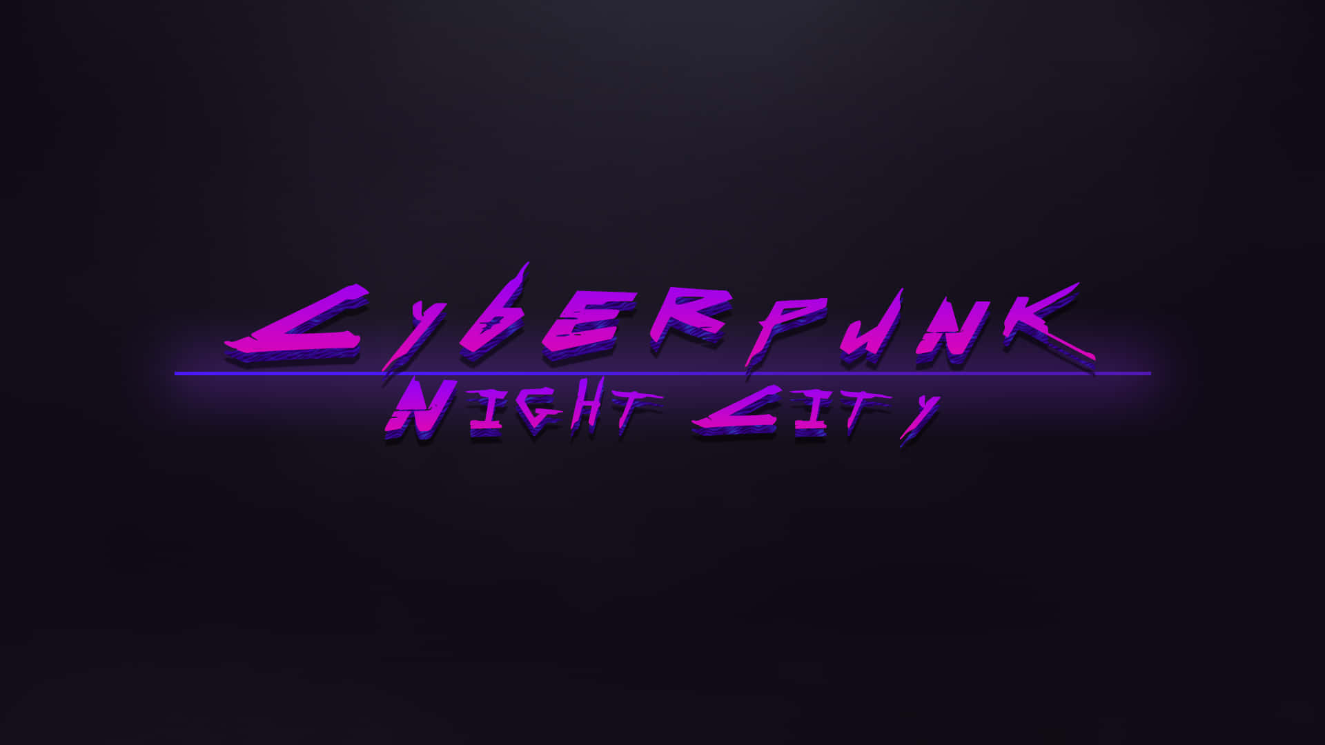 1080p Cyberpunk 2077 桌布 壁紙 — 發光紫色 cyberpunk 標誌，上面寫著「Cyberpunk Night City」，背景為深色漸變。