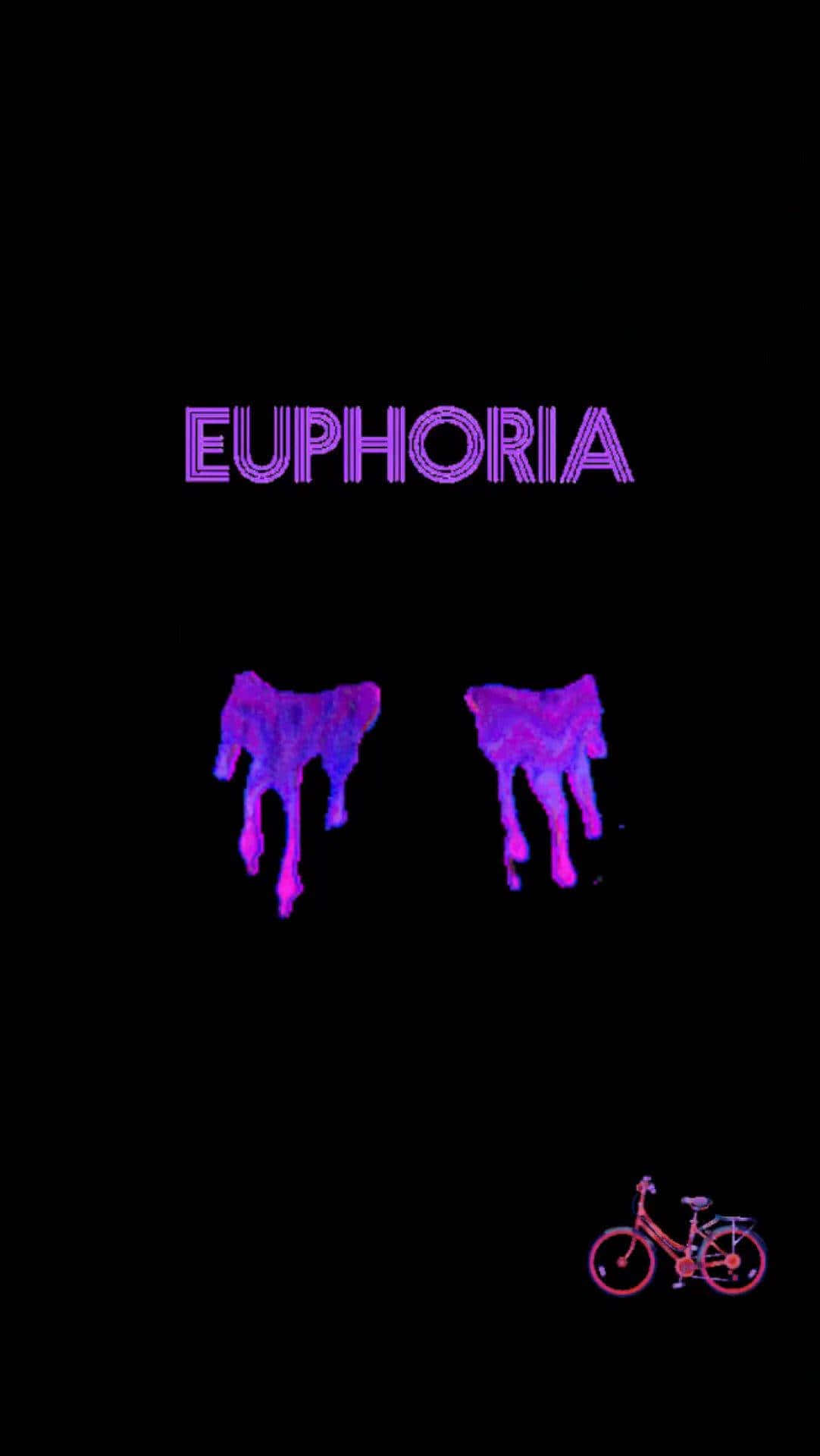 桌布 壁紙 — 發光紫色文字 euphoria 懸浮於融化的人形形狀和一輛小型腳踏車之上，背景為黑色虛空。