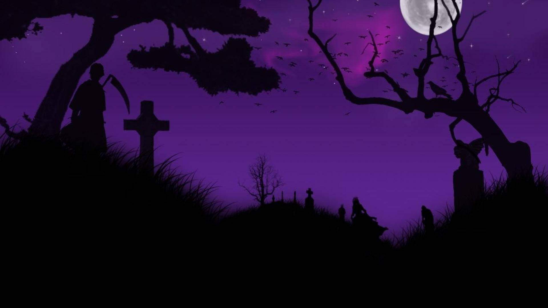 Halloween Computer 桌布 壁紙 — 發光紫色月亮下的剪影墓地，蝙蝠飛翔，墓碑間有骷髏身影。