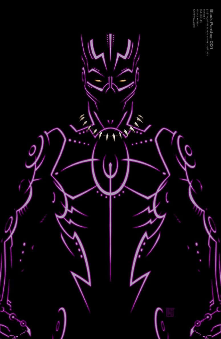 Vibranium 桌布 壁紙 — 發光紫色輪廓的黑豹站在黑色背景上，帶有發光的黃色眼睛。