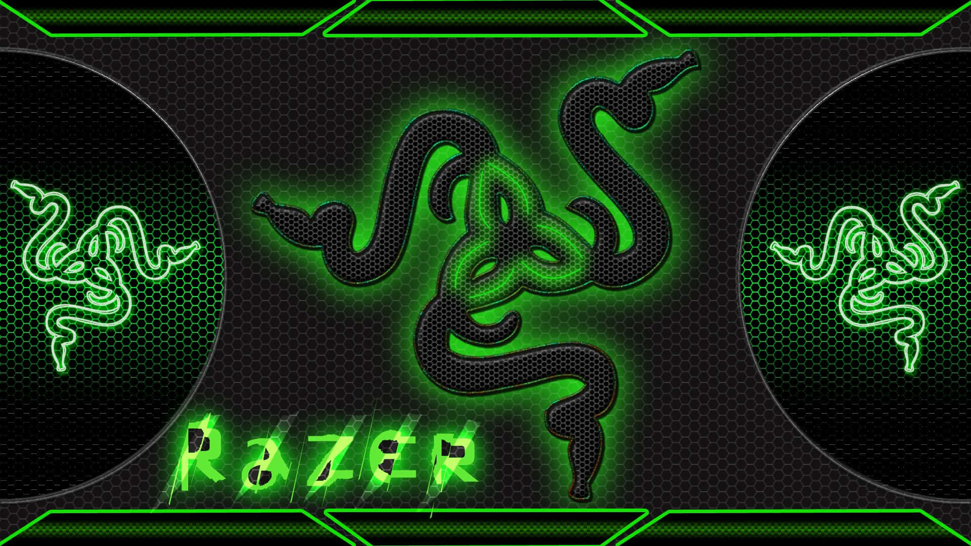 雷蛇 桌布 壁紙 — 發光綠色Razer標誌，三條蛇交纏在黑色六角網格背景上。