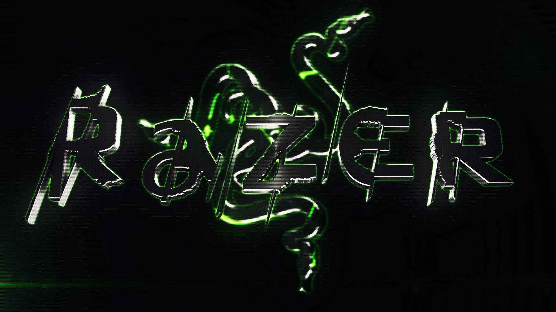 雷蛇電腦 桌布 壁紙 — 發光綠色Razer標誌，帶有風格化的蛇纏繞在粗體金屬字母上，背景為黑色。