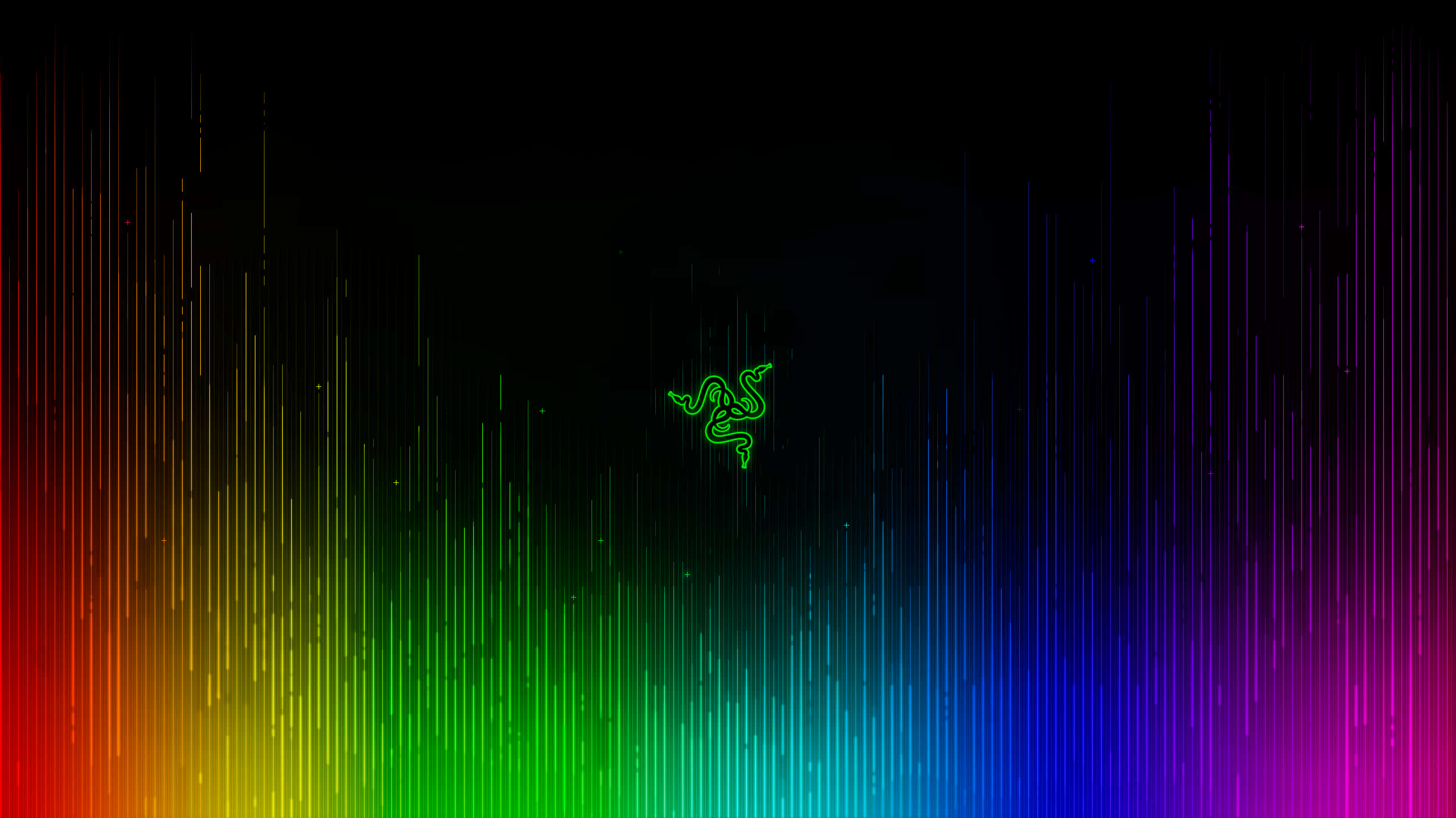 Gaming Pc 桌布 壁紙 — 發光綠色Razer標誌居中，位於黑色背景上充滿活力的彩虹漸變垂直線條之上。