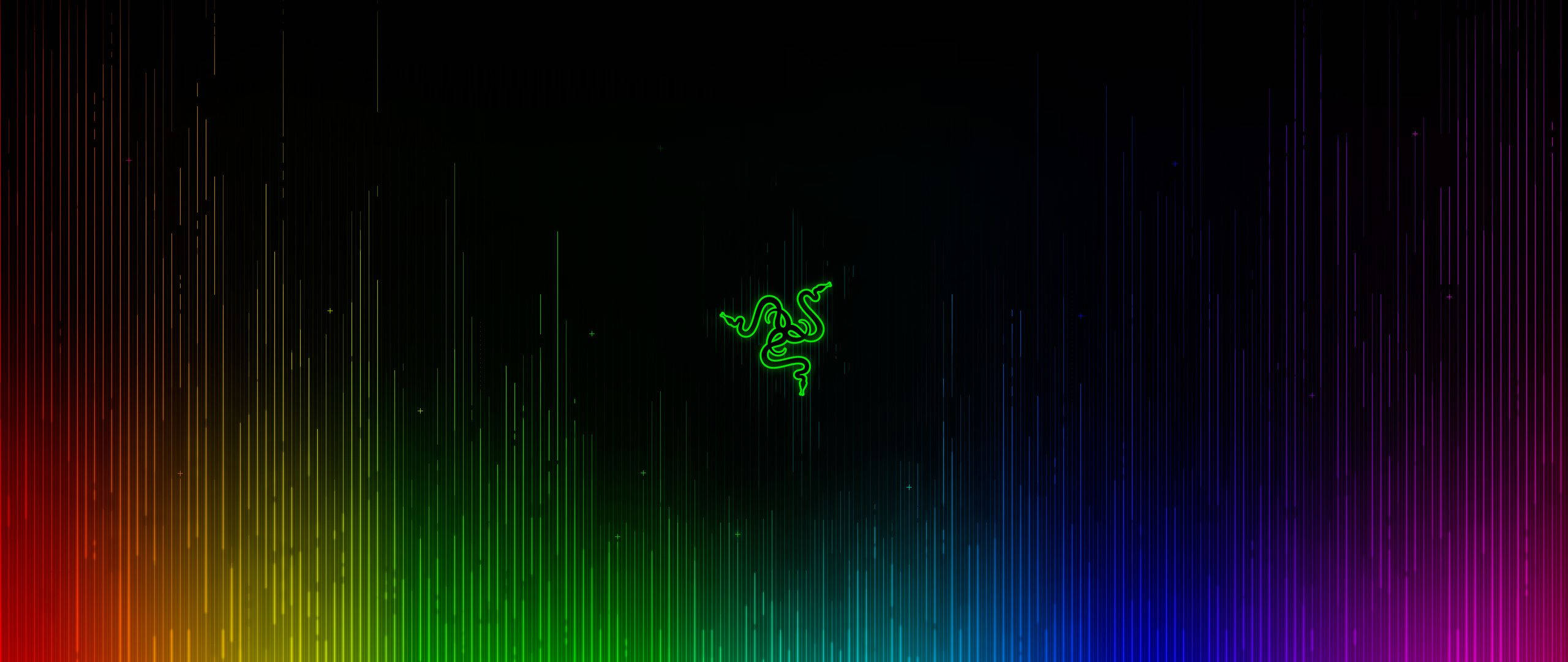 雷蛇 桌布 壁紙 — 發光綠色Razer標誌置於黑色背景中央，帶有垂直彩虹光條。