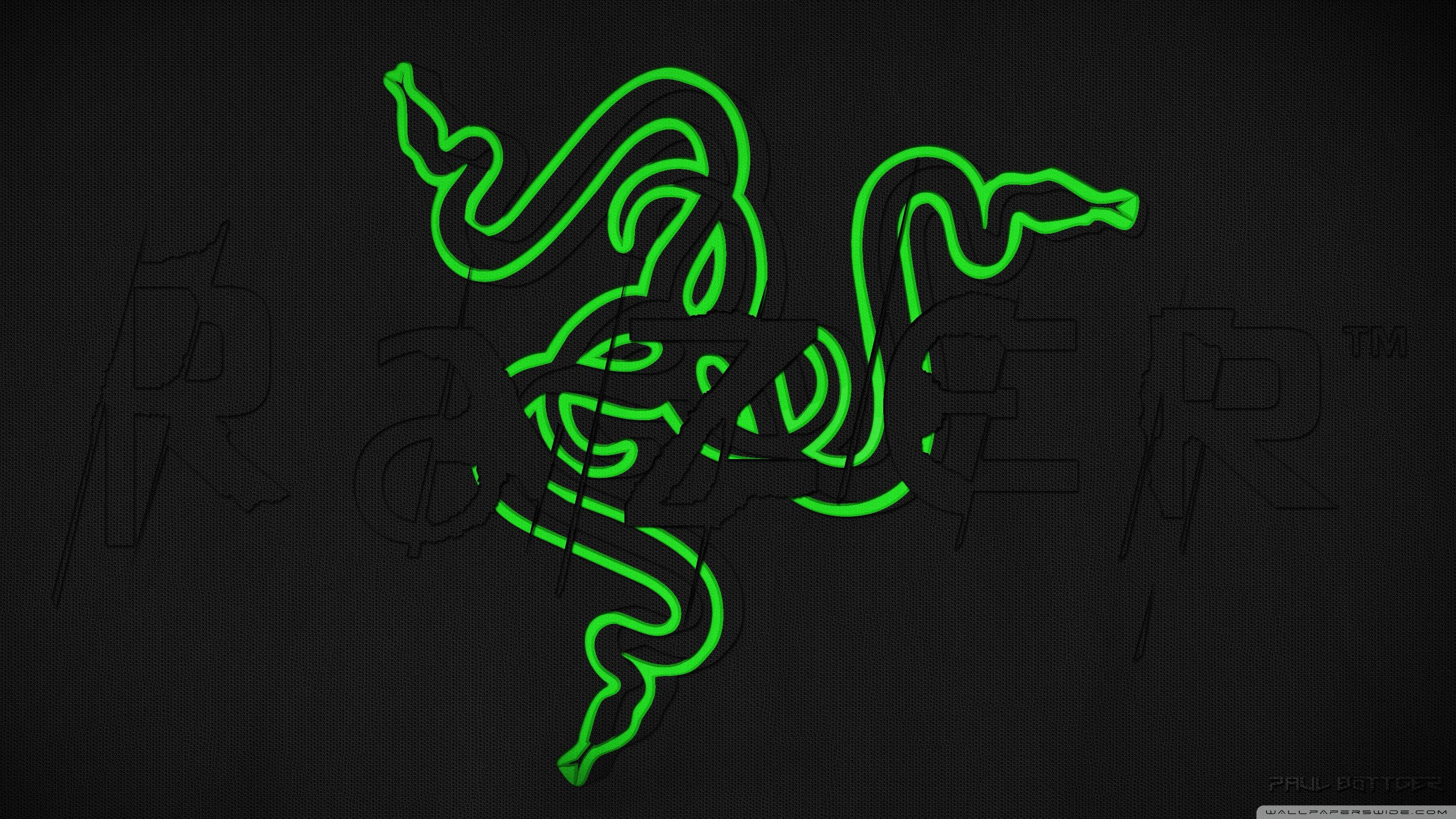 雷蛇 桌布 壁紙 — 發光綠色Razer標誌蛇在帶有模糊品牌文字的深色紋理背景上突出顯示。