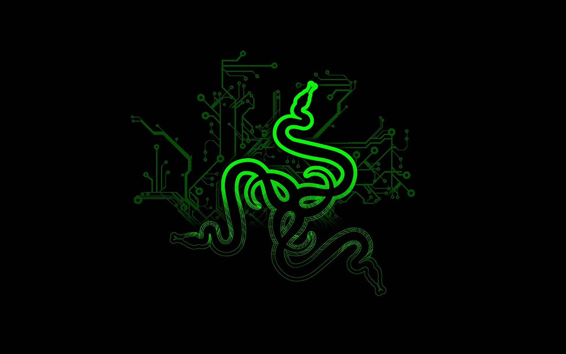 Razer Pc 桌布 壁紙 — 發光綠色Razer標誌蛇纏繞在黑色背景上的電路板圖案。