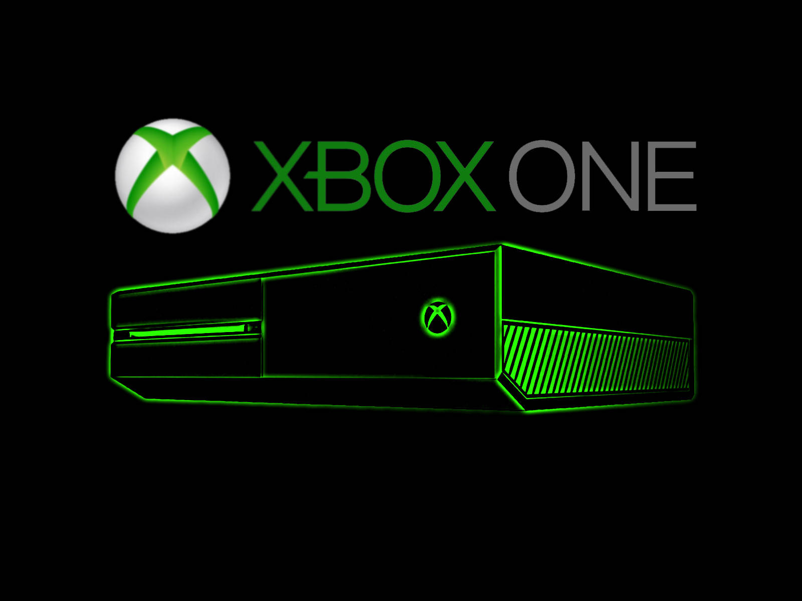 Xbox 桌布 壁紙 — 發光綠色Xbox One主機輪廓，黑色背景，上方有Xbox標誌和文字。