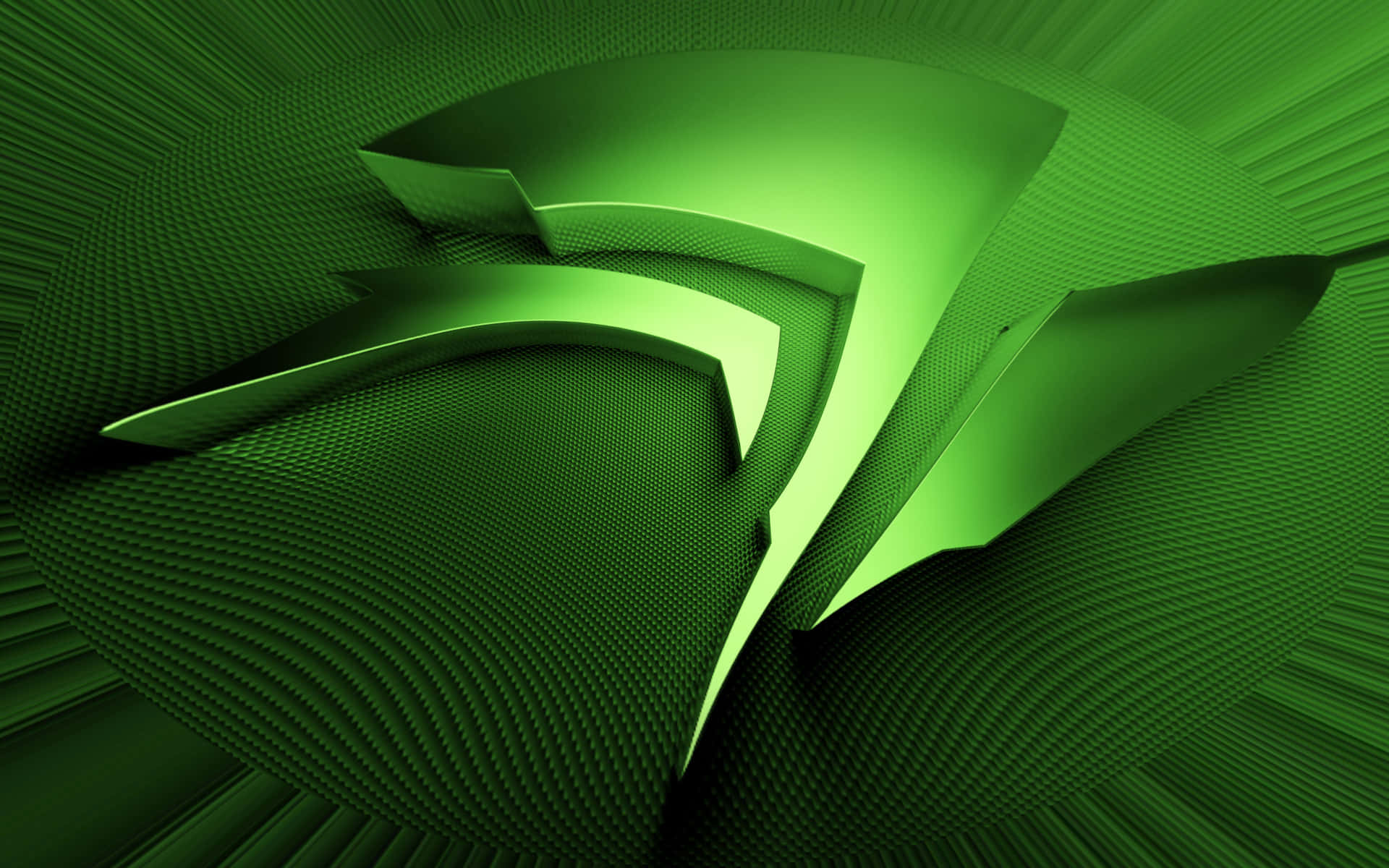 nvidia 桌布 壁紙 — 發光綠色幾何形狀的動態抽象構圖，具有紋理表面和戲劇性照明。