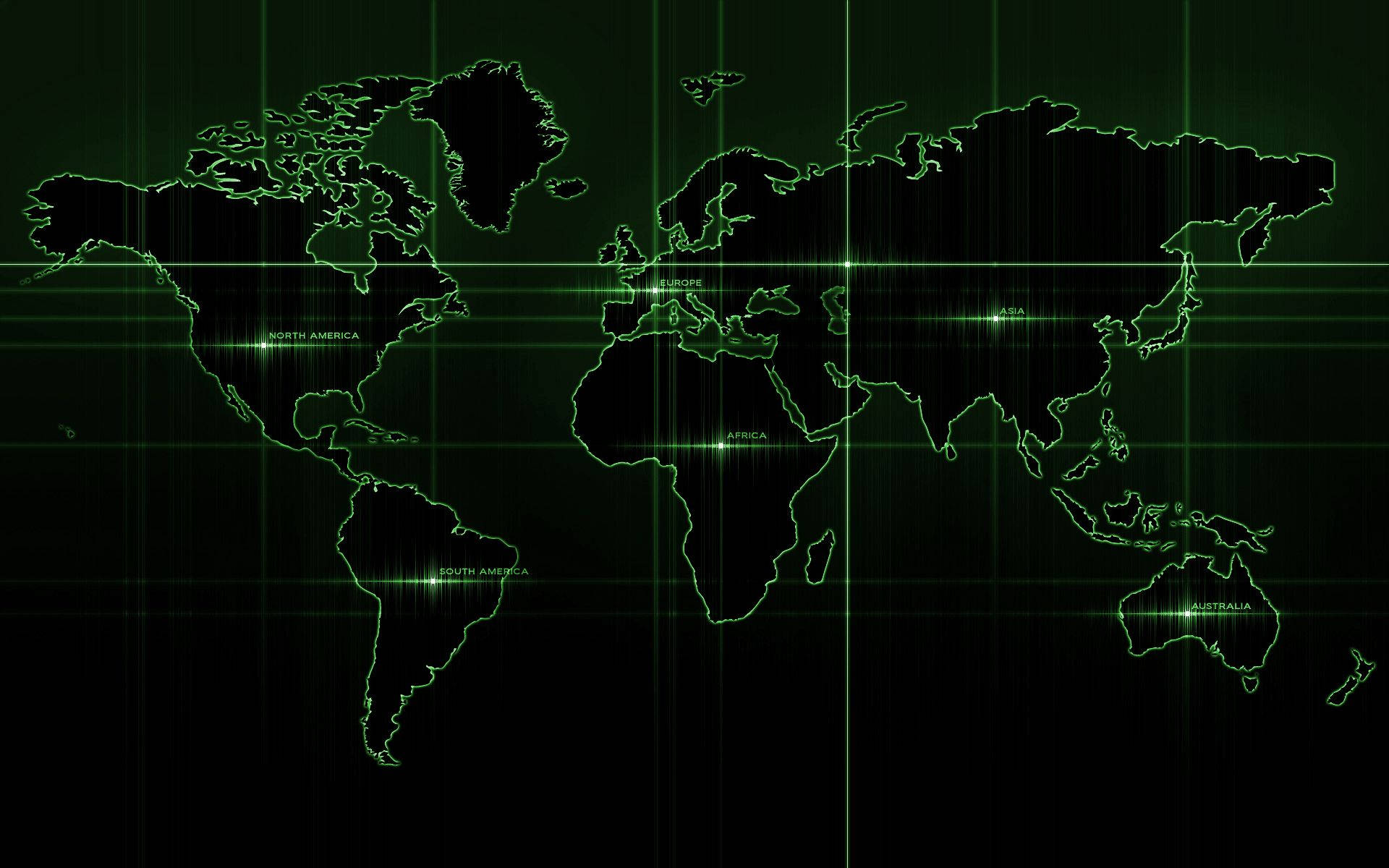 World 桌布 壁紙 — 發光綠色數位世界地圖，帶有網格線和標籤的大陸，背景為黑色。