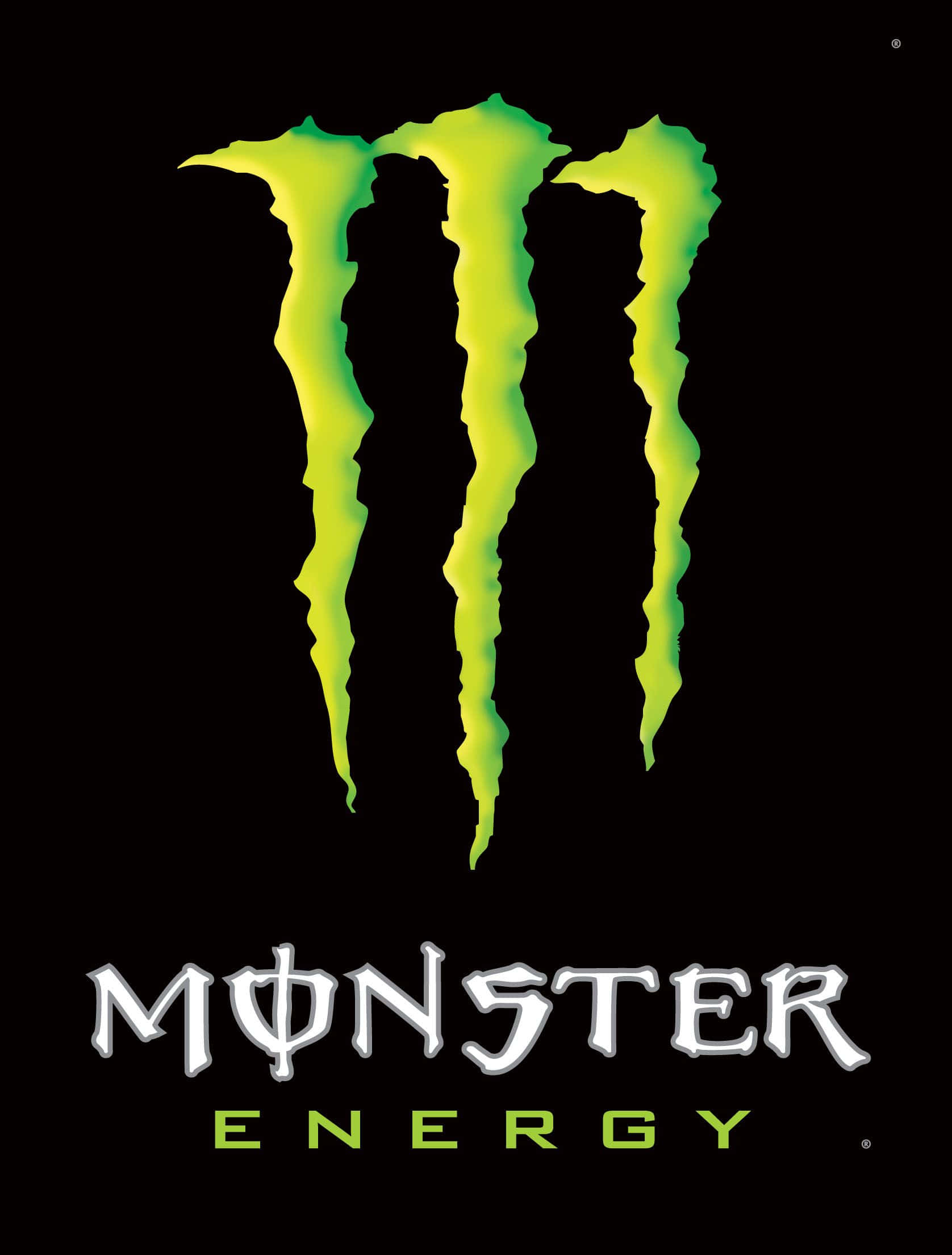 怪物 桌布 壁紙 — 發光綠色爪狀的Monster Energy標誌，黑色背景，下方有白色和綠色文字。