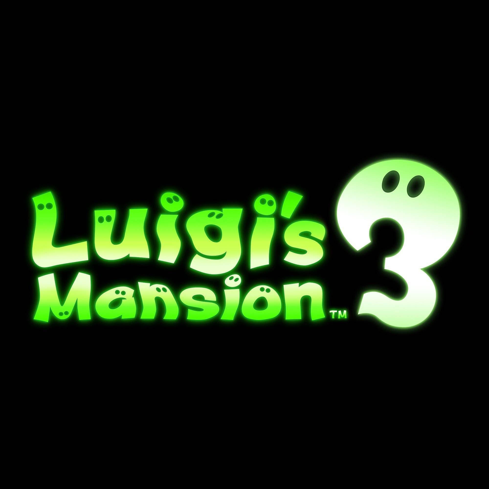 Mansion 桌布 壁紙 — 發光綠色的Luigi's Mansion 3標誌，數字三上有鬼眼，背景為黑色。