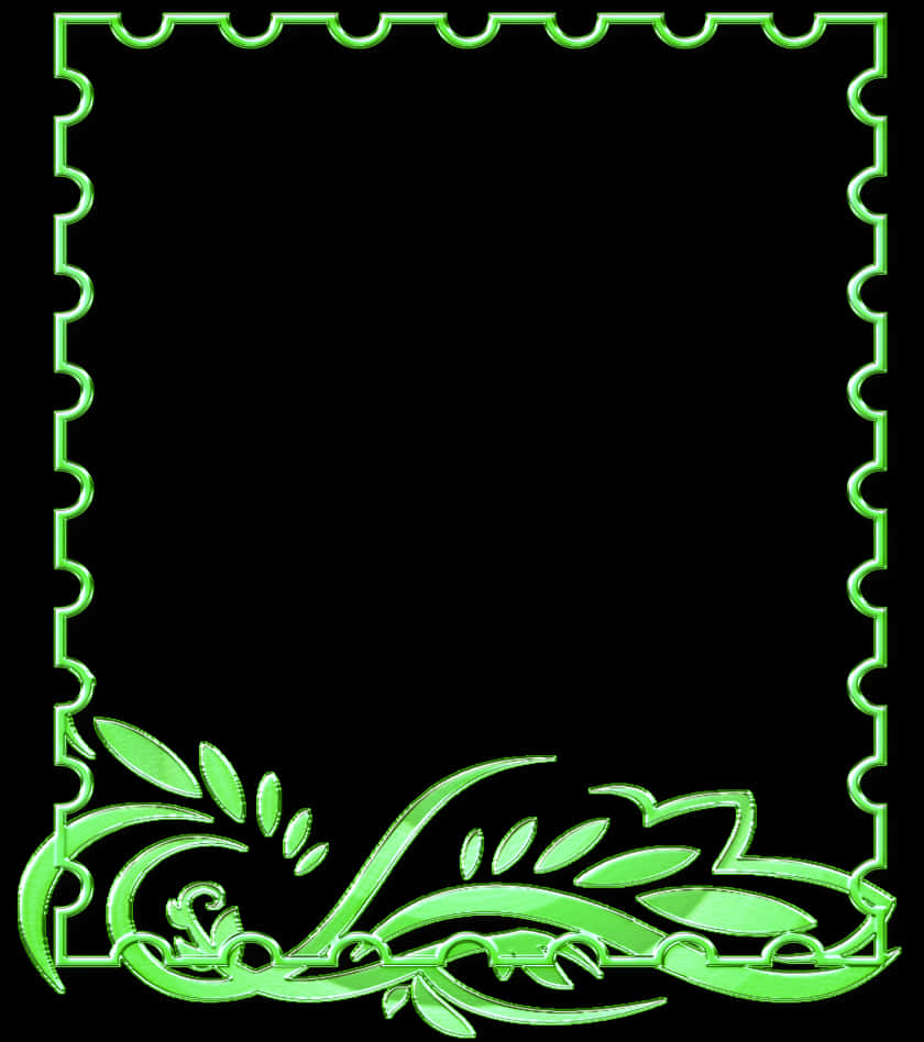 Green Border 桌布 壁紙 — 發光綠色華麗邊框，帶有扇貝形邊緣和葉狀角落裝飾，黑色背景。