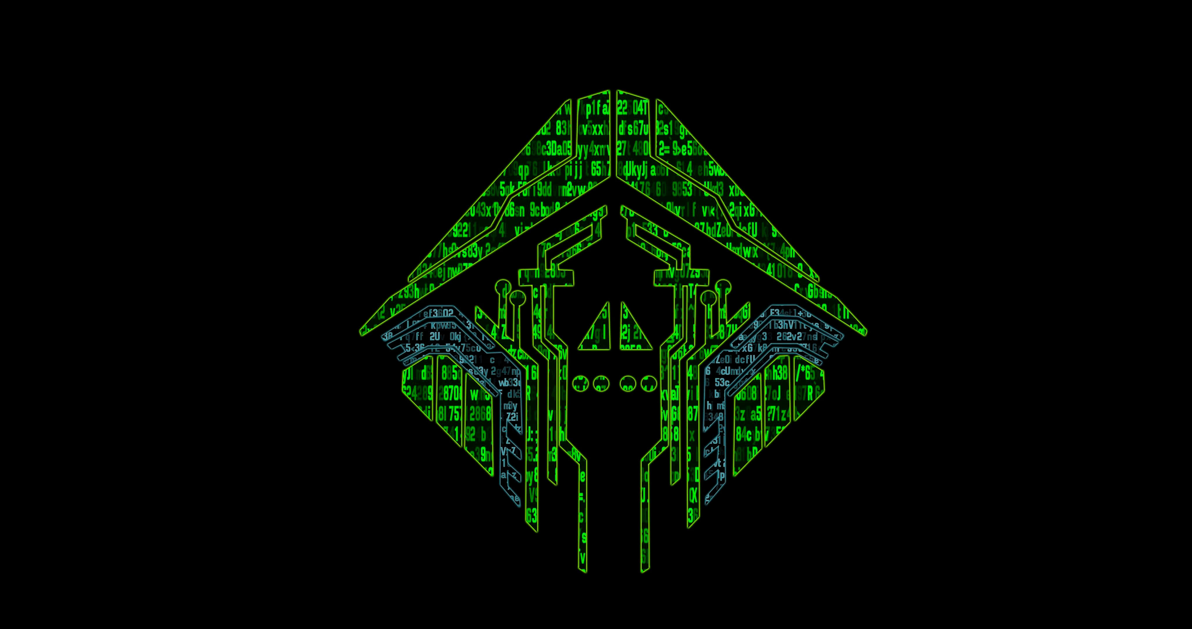 Apex Legends Logo 桌布 壁紙 — 發光綠色電路板，形狀像未來太空船，背景為黑色。