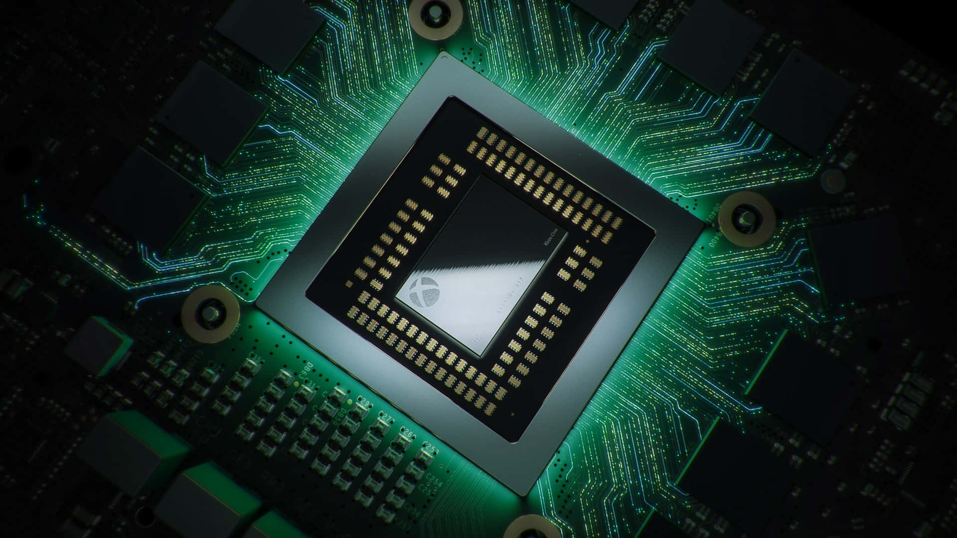 Motherboard 桌布 壁紙 — 發光綠色電路板的特寫，中央處理器晶片在黑暗背景下被照亮。