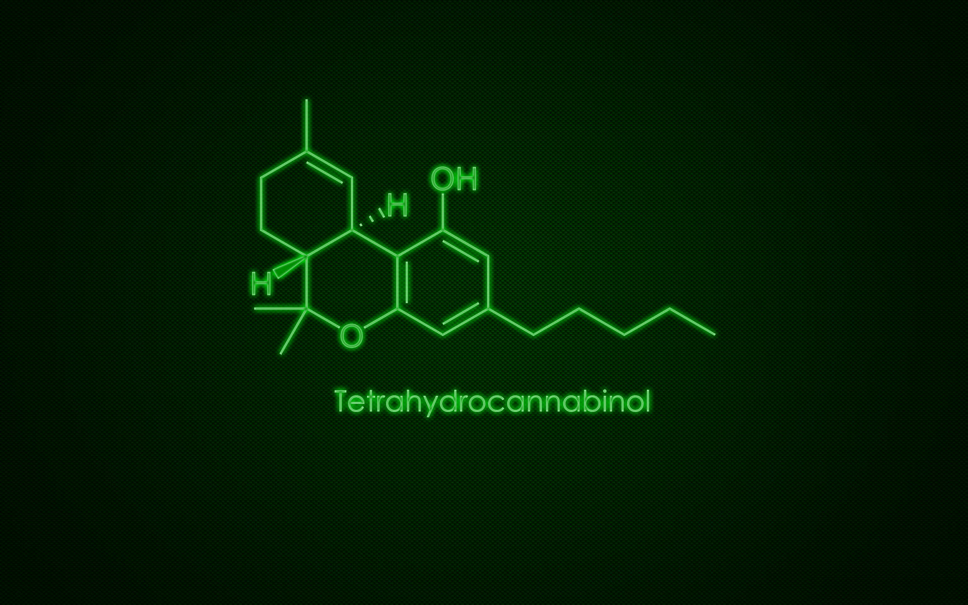 深色紋理背景上的四氫大麻酚霓虹綠色化學式