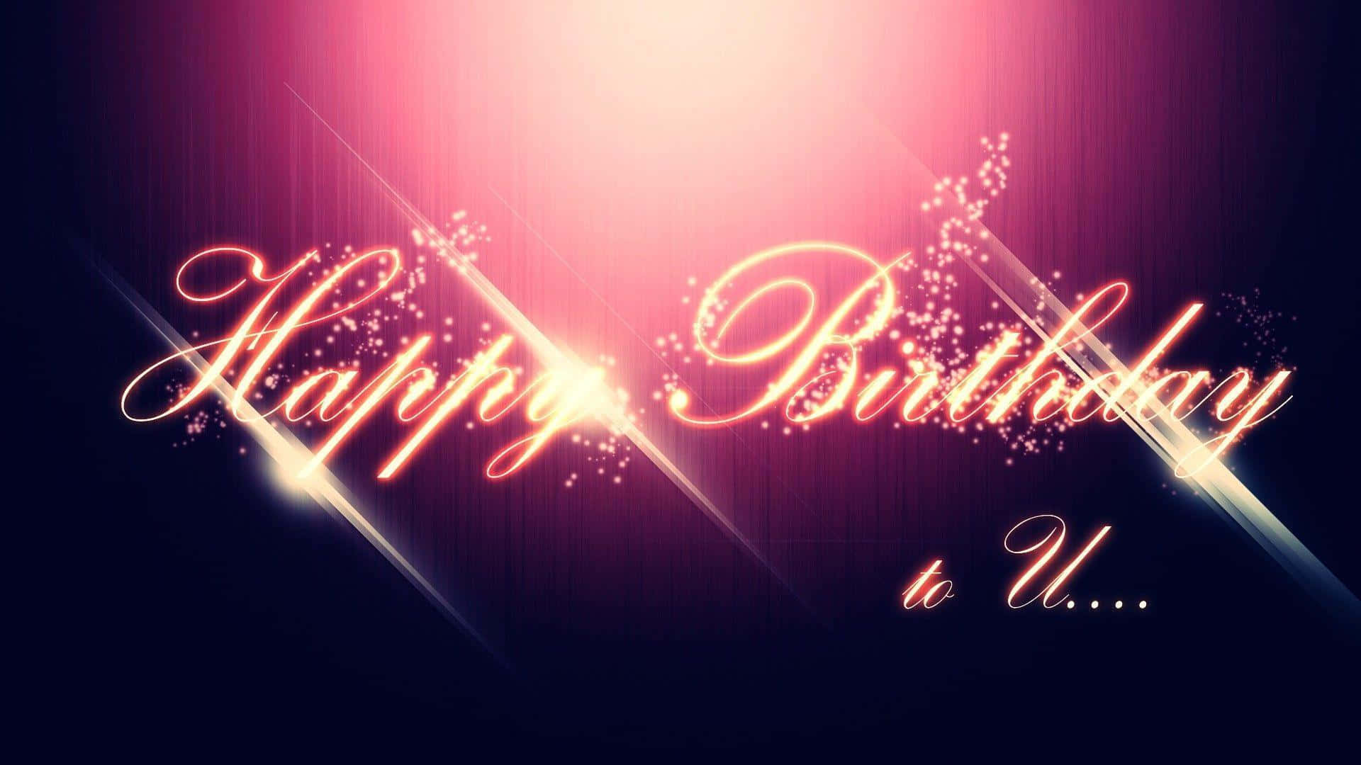 生日快樂 桌布 壁紙 — 發光草書文字顯示「Happy Birthday to U...」，周圍環繞著閃爍的粒子和耀眼的光束，背景為粉紅和紫色漸變。