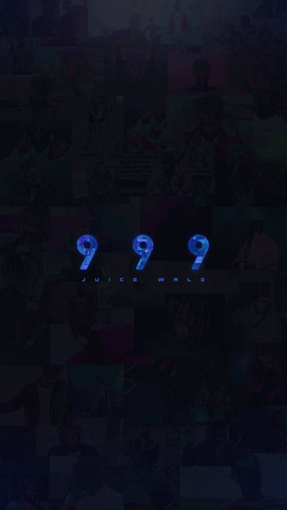 藍色發光 999 和 Juice WRLD 文字在深色專輯封面拼貼畫上。 — Juice Wrld 壁紙