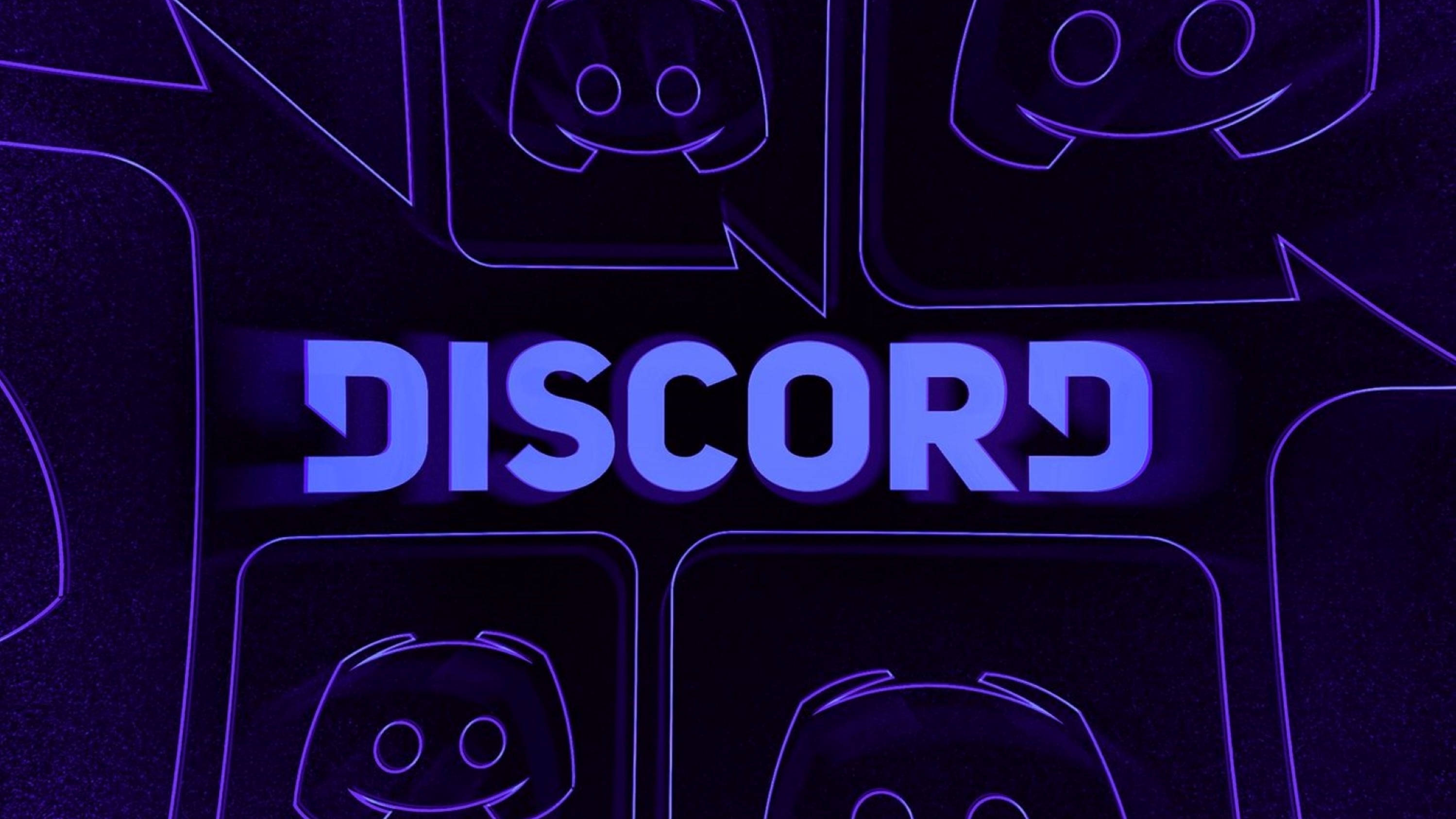 Discord 桌布 壁紙 — 發光藍色 Discord 標誌，周圍環繞著帶有笑臉的輪廓對話氣泡，背景為深紫色。