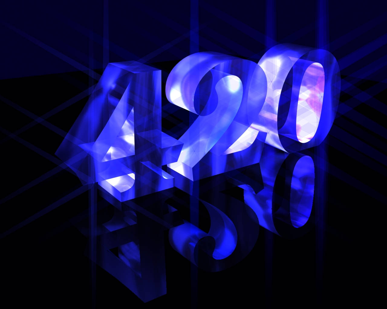  壁紙 — 發光藍色3D數字420在帶有幾何光線和反射的深色背景上漂浮。