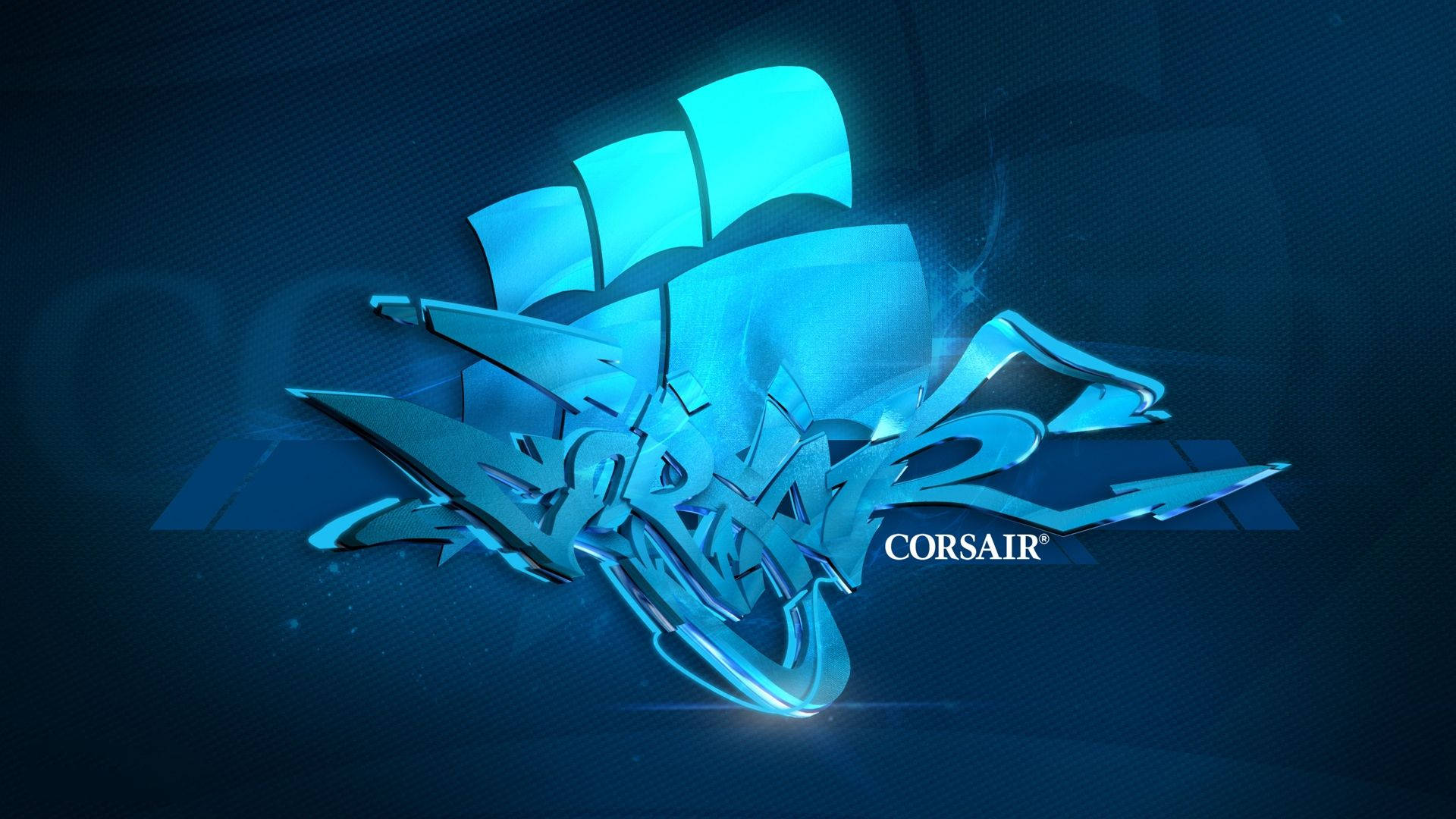 海盜船 桌布 壁紙 — 發光藍色3D渲染的Corsair標誌，帶有鋒利的金屬邊緣和光暈，背景為深色紋理。