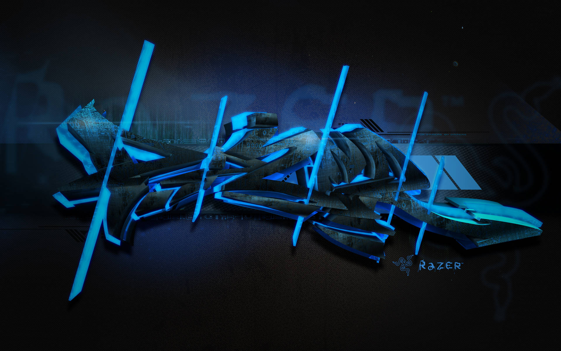 Razer Pc 桌布 壁紙 — 發光藍色3D渲染的Razer標誌，帶有尖銳幾何碎片，背景為深色紋理。