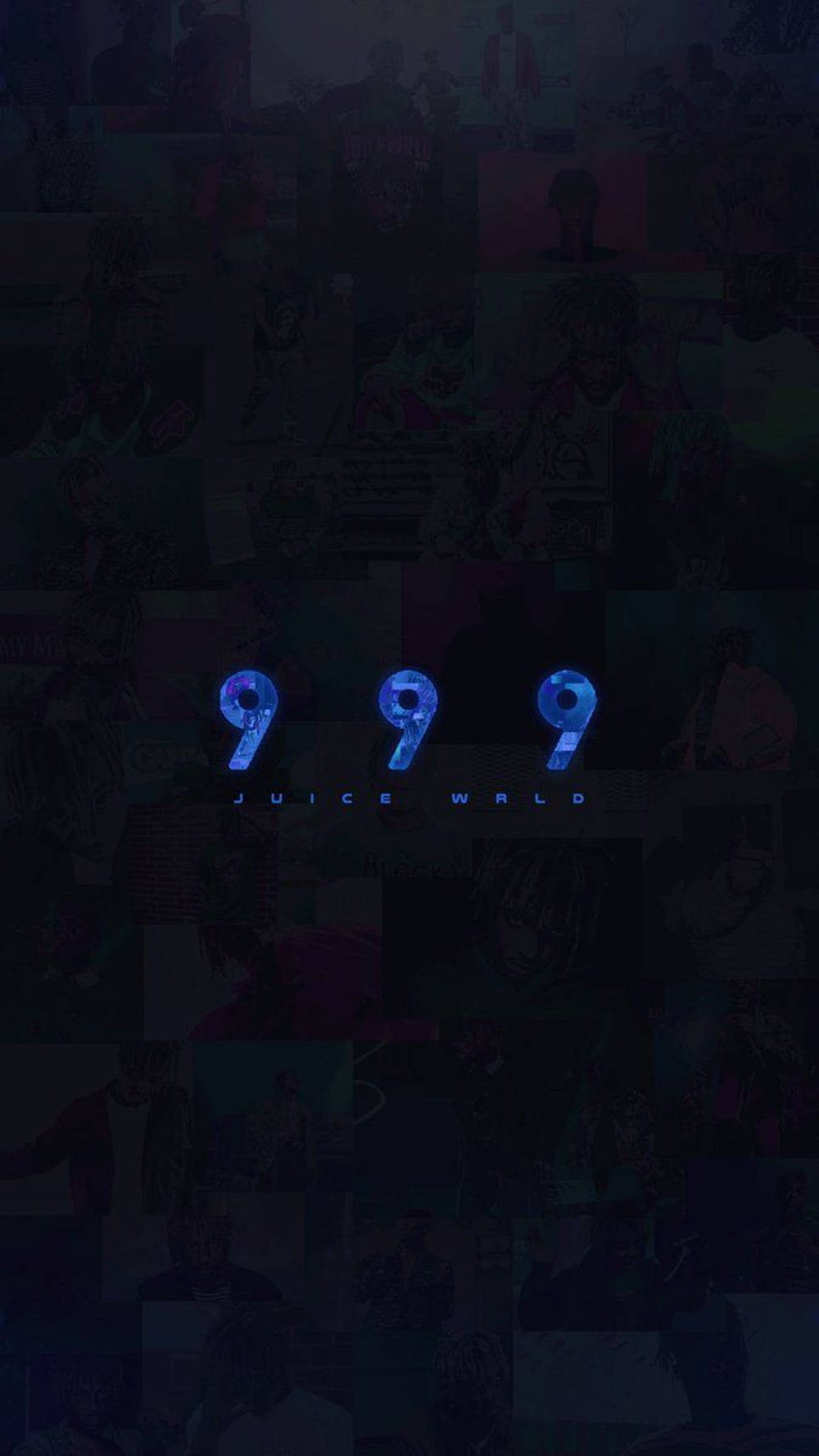 藍色發光999文字在Juice WRLD專輯藝術的深色拼貼畫上。 — Juice Wrld 壁紙