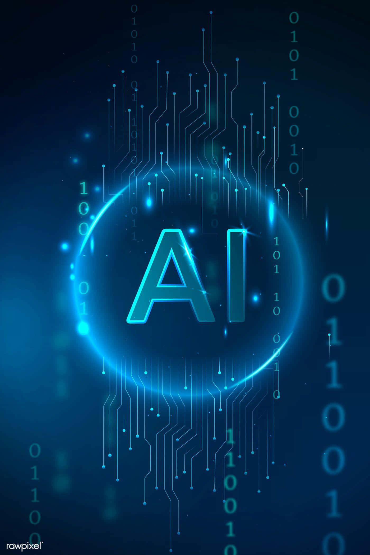 AI 桌布 壁紙 — 發光藍色AI字母，被電路和二進制代碼包圍，背景為深色數位背景。