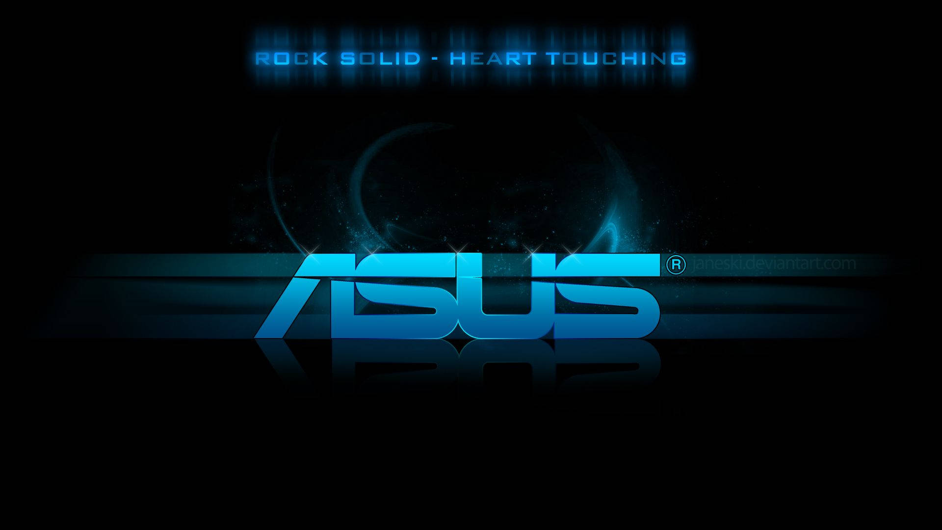ASUS 桌布 壁紙 — 發光藍色ASUS標誌，帶有反射表面和宇宙背景，襯托黑色。