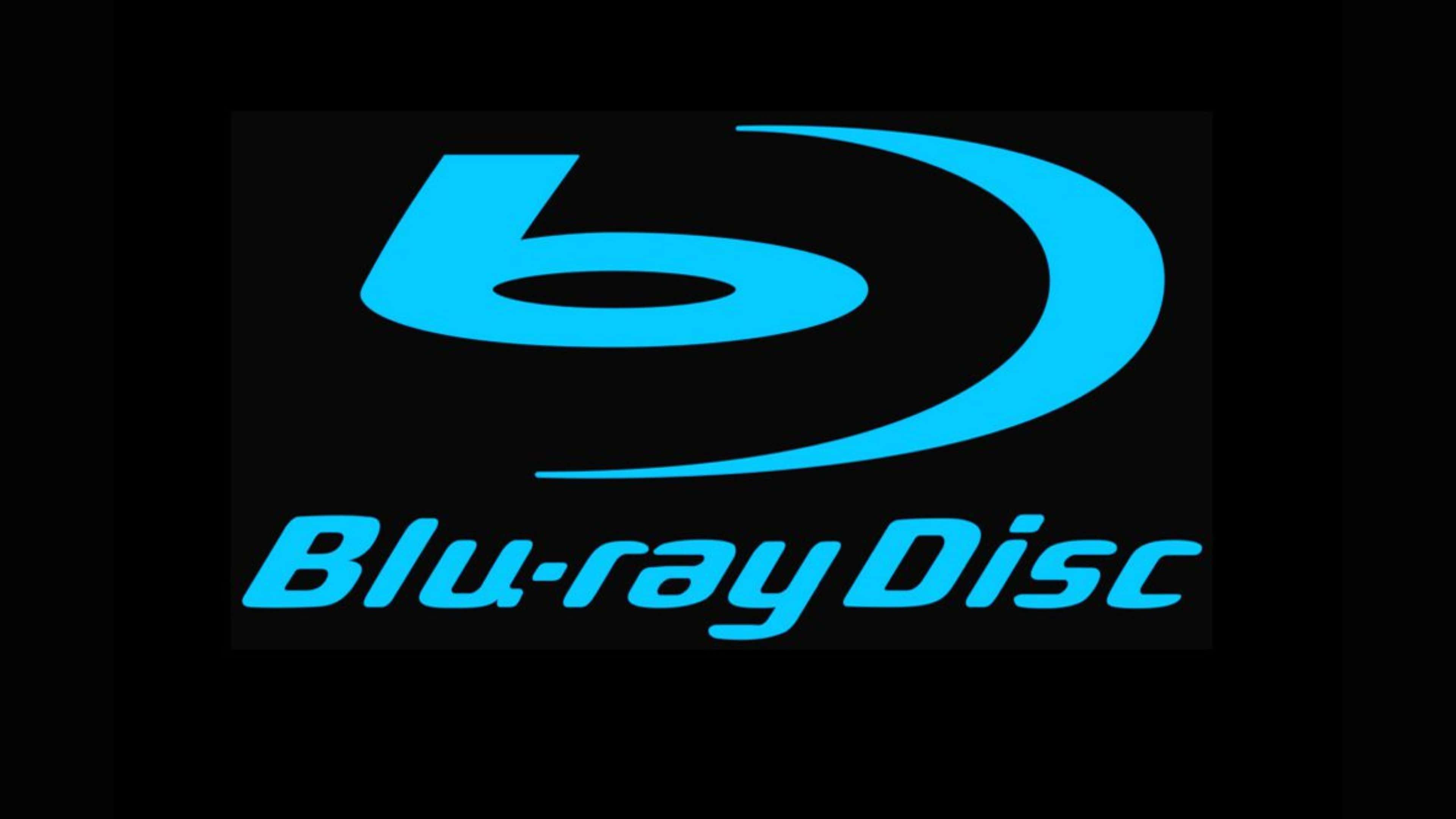 4K Blu-ray 桌布 壁紙 — 發光藍色Blu-ray Disc標誌居中於純黑色背景上，下方有粗體文字。