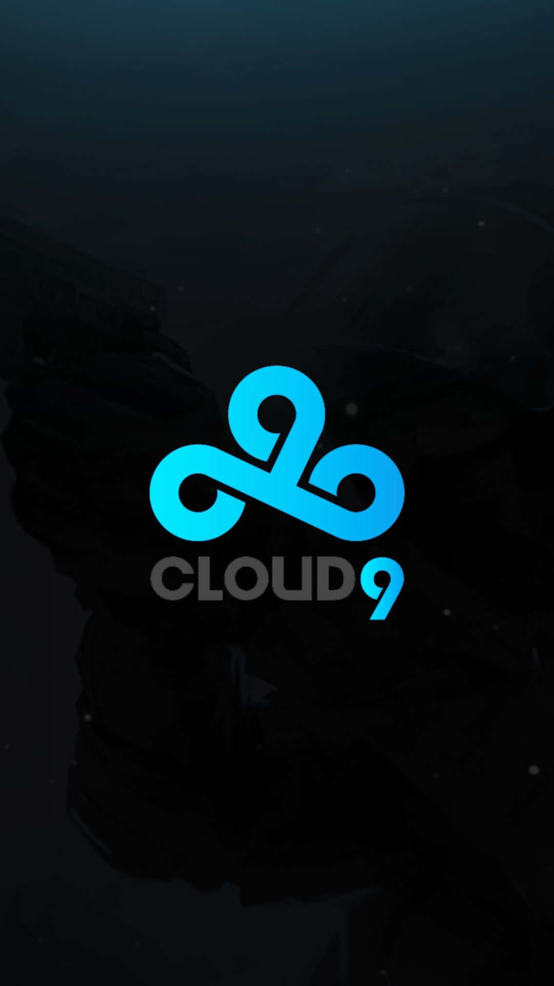 桌布 壁紙 — 發光藍色Cloud9標誌居中於深色抽象背景上，帶有微妙的粒子效果。