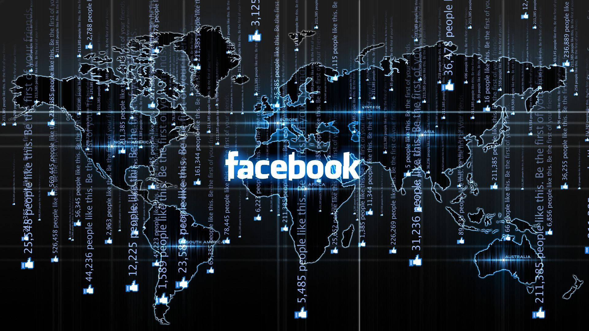 Facebook 桌布 壁紙 — 發光藍色Facebook標誌置於世界地圖中央，周圍有層疊的數位讚好和用戶統計數據。