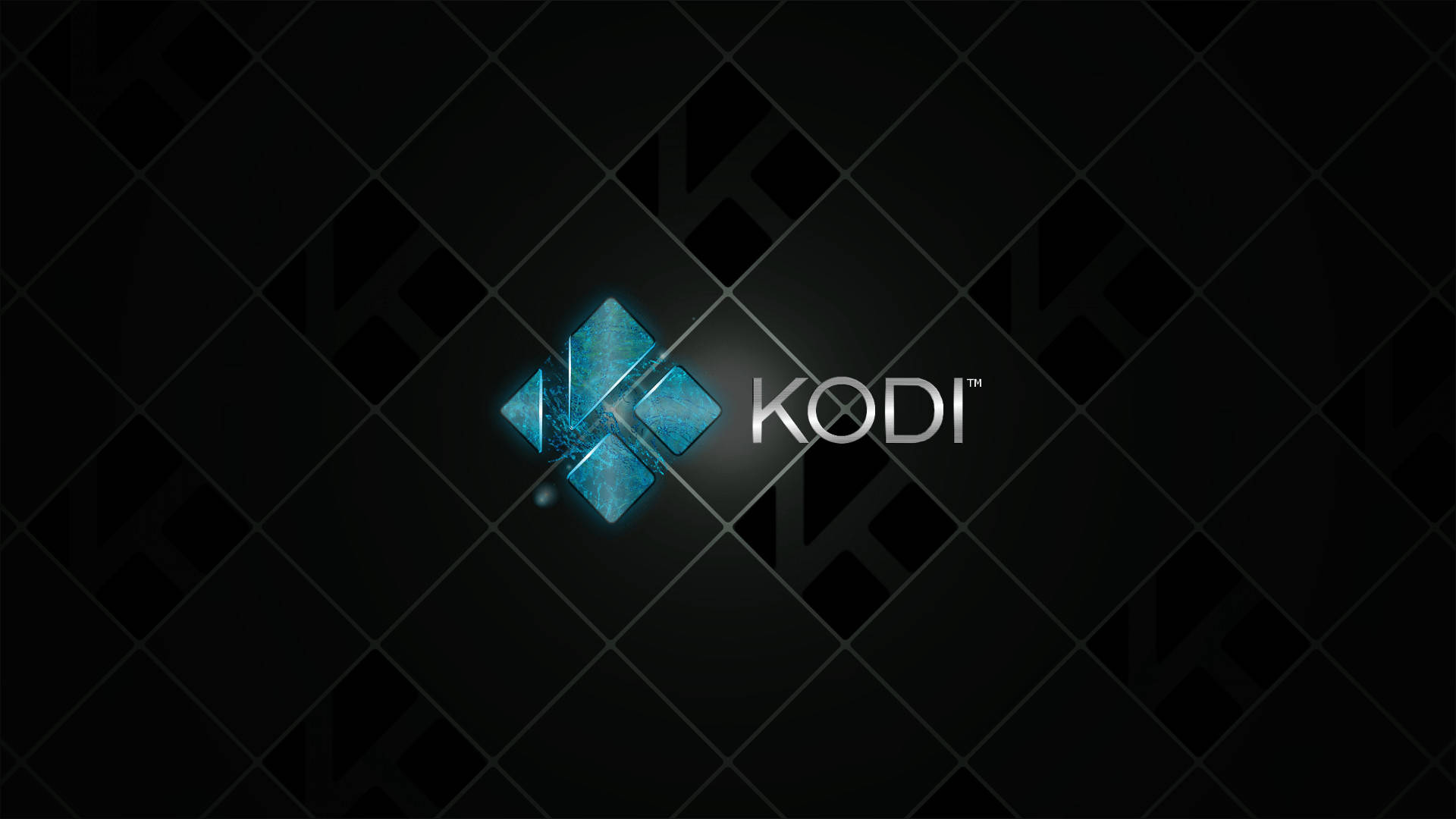科迪 桌布 壁紙 — 發光藍色Kodi標誌居中，置於帶有微妙重複圖案的深色網格背景上。