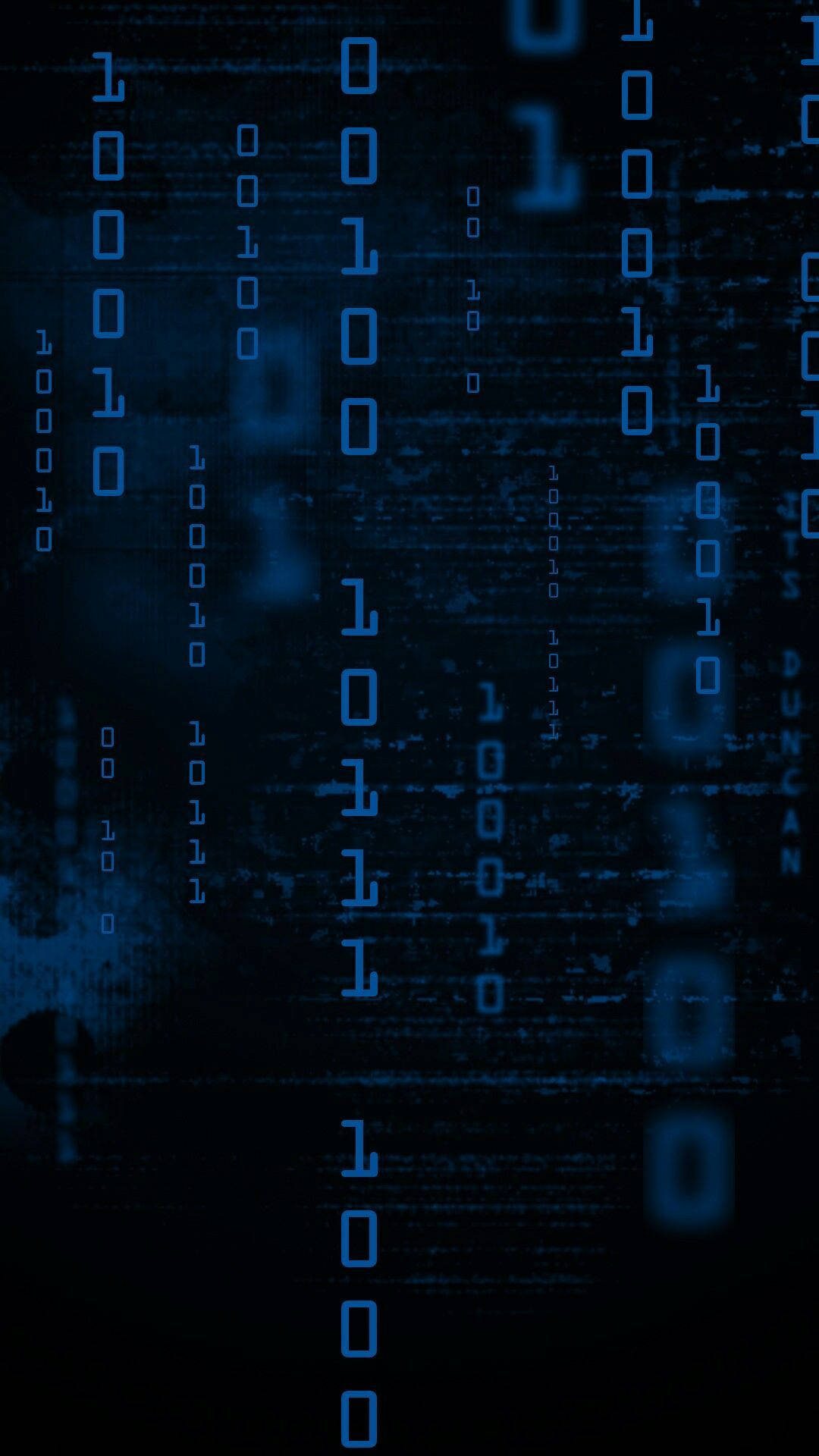 Cyber 桌布 壁紙 — 發光藍色二進制代碼的數字雨在黑暗屏幕上層疊，帶有故障效果和模糊文字。