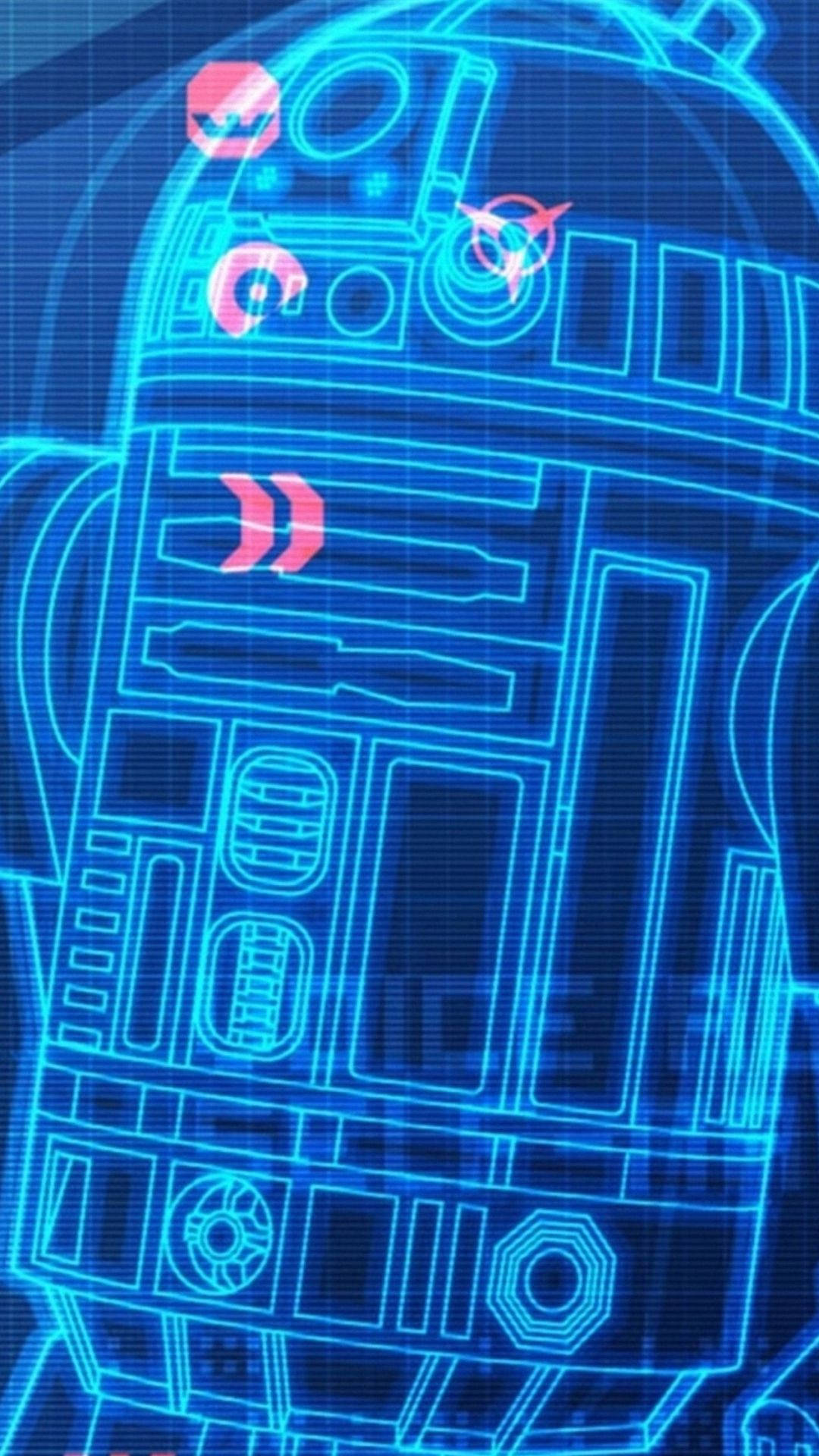 top iPhone 桌布 壁紙 — 發光藍色全息圖紙的R2-D2，帶有粉紅色介面燈光，背景為網格。