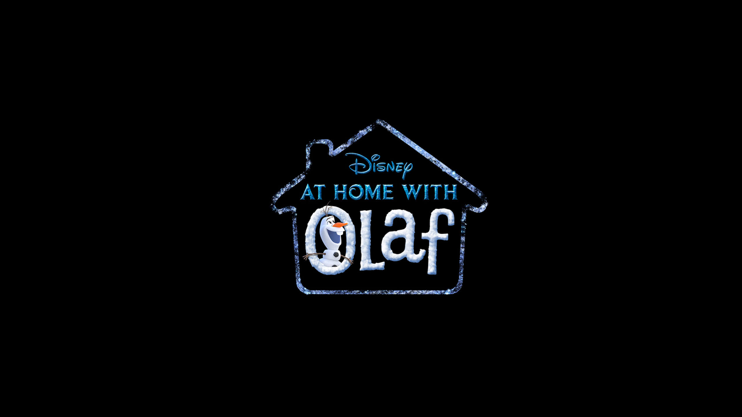 Disney Character 桌布 壁紙 — 發光藍色冰屋形狀標誌，字母 O 中露出奧拉夫，背景為黑色。